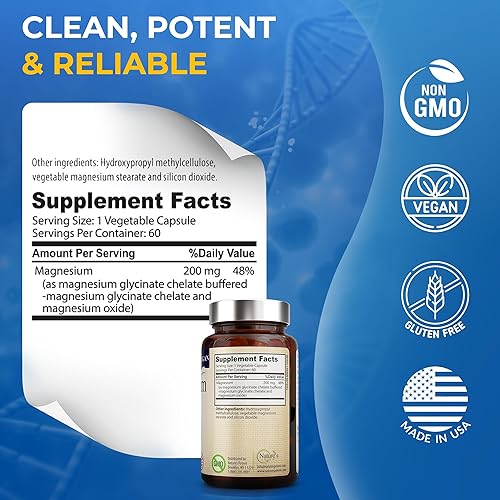 Miniatura 5 de Nature's Potent Glicinato de magnesio 200 mg  Magnesio quelado de alta absorción  Apoyo para dormir, calma y calambres musculares  Suplemento vegano