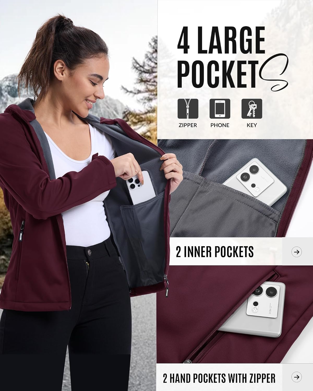 Outdoor Ventures Women's Softshell Jacket Waterproof Warm Fleece Lined Lightweight Windproof Hooded Insulated Windbreaker - Image 4