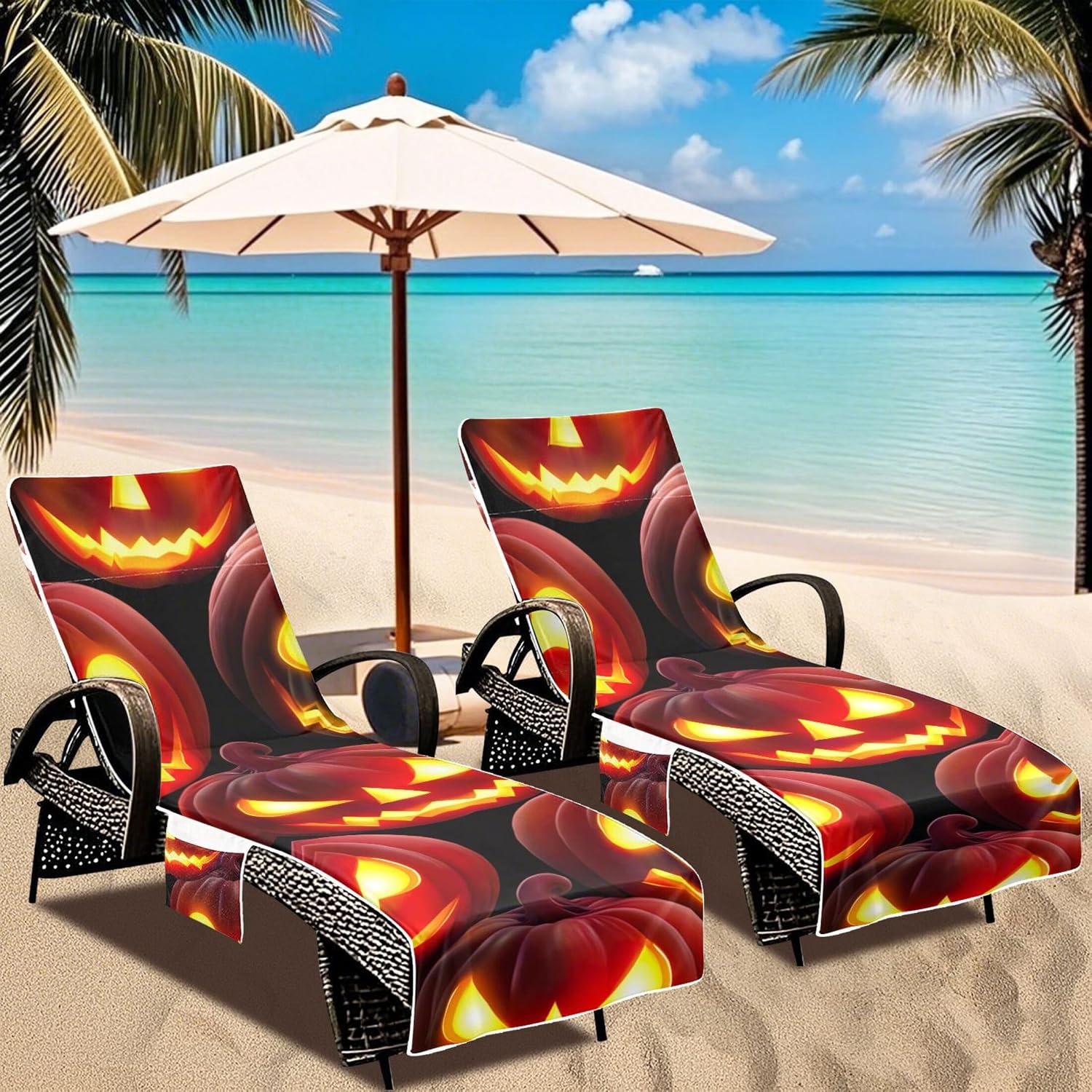 Glowing Jack O' Lantern Halloween Chaise Lounge Chair Towel Covers Beach Pool Lounge Chair Covers Tropical Sun Lounger 85 x 30 Inch
