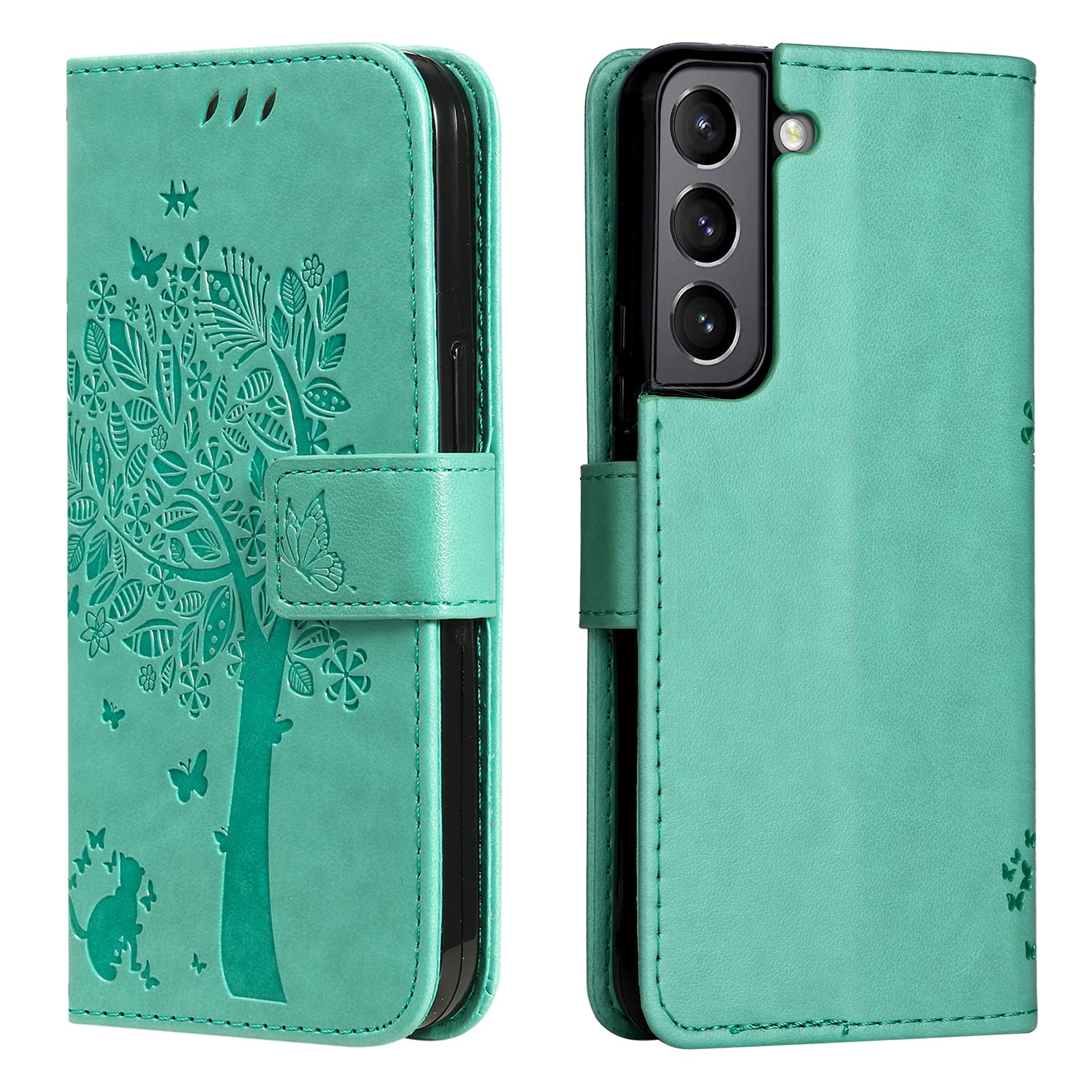 VEEMOSMobile Case for Samsung Galaxy S22 5G Phone Case Wallet with Card Slots Cat-Tree Shockproof Leather Folio Slim Flip Case Cover Women Girls - Green