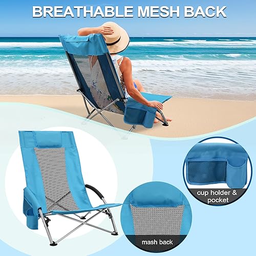 Miniatura 4 de BESTHLS Sillas de playa bajas para adultos, paquete de 2, sillas de arena plegables con respaldo alto para playa, con portavasos y bolsa de