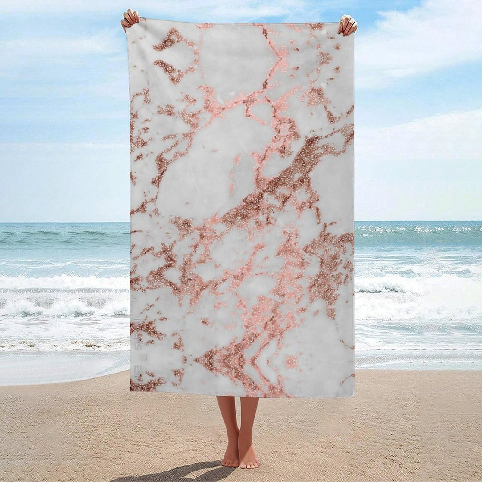 LEDFCVSU Beach Towel, Rose Gold Marble Bath Towel, Absorbent Towel for Swimming, Sports, Travel