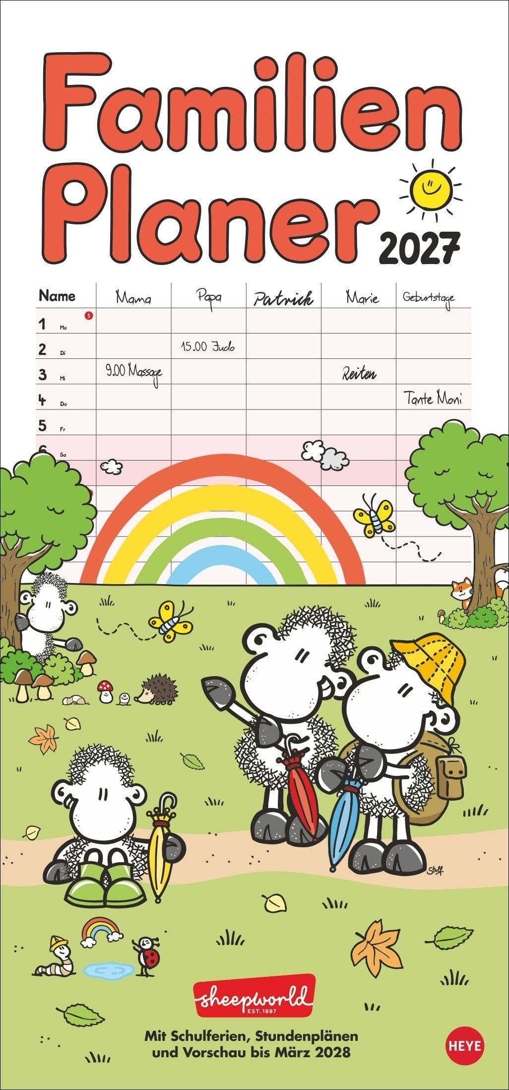 sheepworld Familienplaner 2027: Familienkalender mit 5 Spalten. Liebevoll illustrierter Familien-Wandkalender mit Schulferien und Stundenplänen.