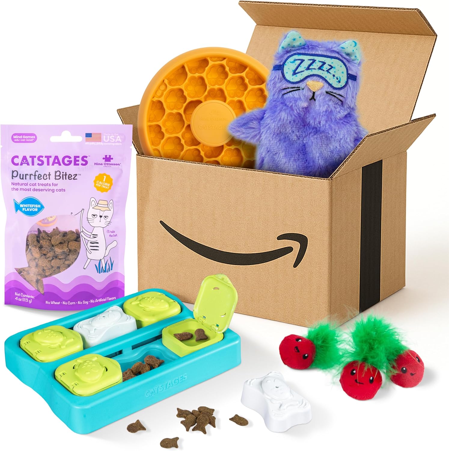 Catstages New Kitten Bundle – Slow Feeder Bowl, Purr Pillow, Strawbabies Catnip Toys, Kitty Cube Puzzle Toy & Whitefish Purrfect Bitez Treats