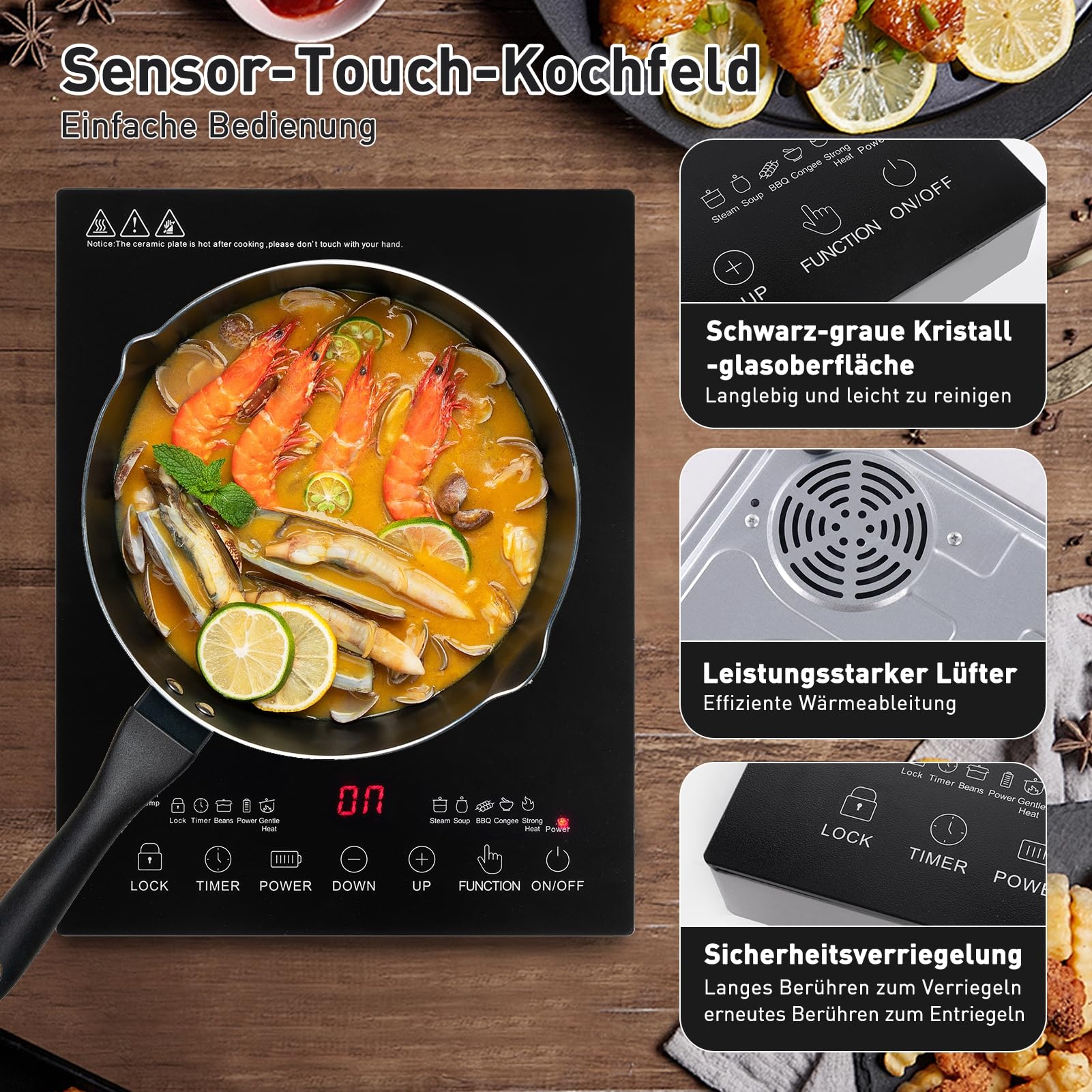 Ce/rankochfeld 3500W Ce/ranfeld Tragbares Touch Steuerung Kochfelder, Glaskeramikkochfeld Kochplatte | 6 Modi 9 Stufen Leistung, 1 Min-3 Stunden 1 Platte Timer Funktion Herdplatte, 1 Kochfeld