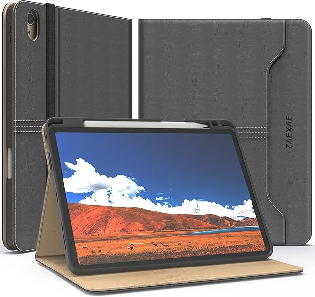 ZAEXAE Case for iPad Air 5/4 (2022/2020 5th/4th Generation 10.9-Inch), PU Leather Soft TPU Protect Cover with Apple Pencil 2 Charging Holder, Auto Wake/Sleep, Multiple Angles Stand, Black