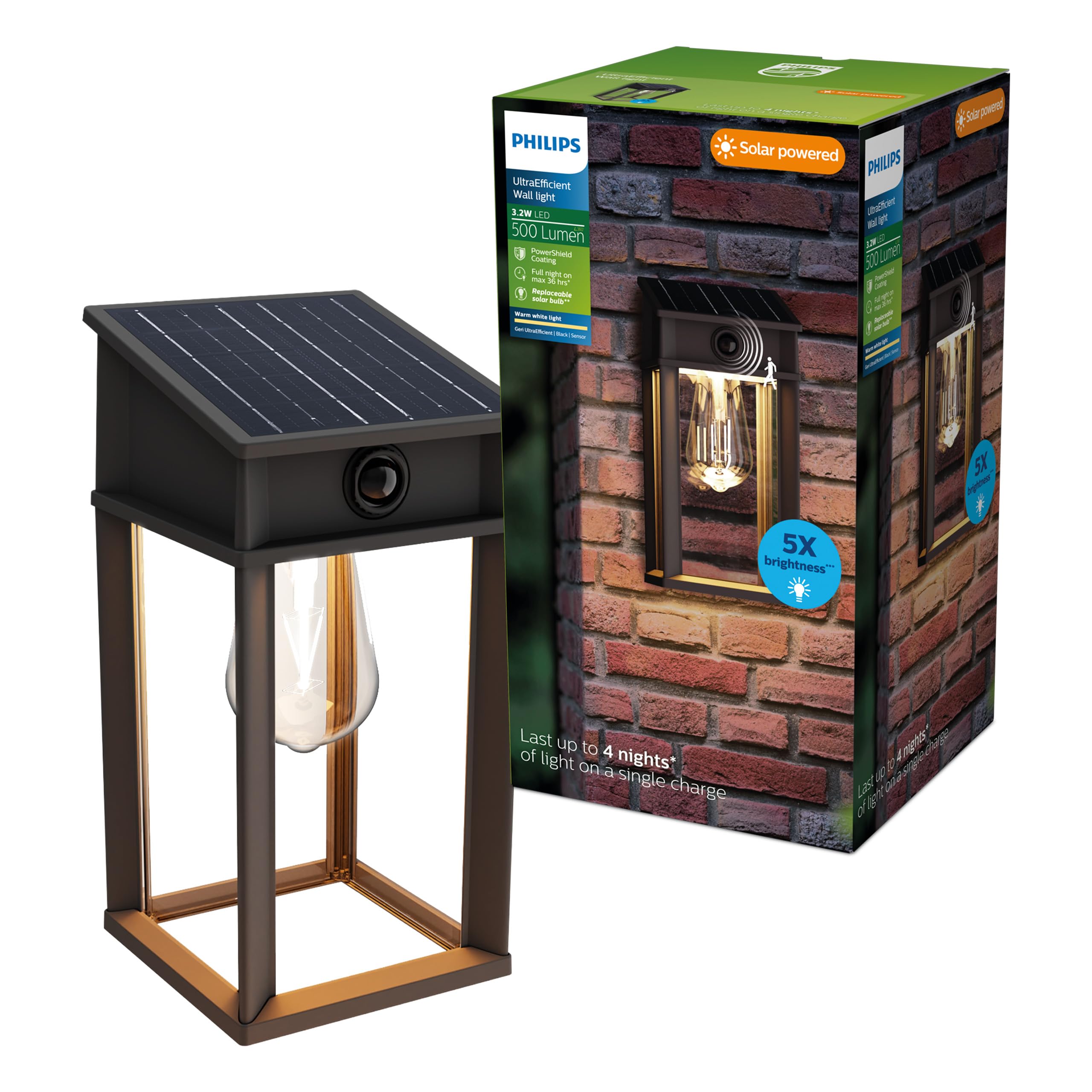 Philips Warm White Geri Ultraefficient Outdoor Solar Wall Light, Replaceable Solar Bulb, Motion Sensor, 2700K, Square, Black