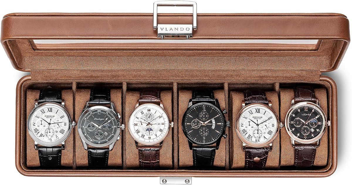 VLANDO Caja de Reloj para Hombre, Caja de Reloj con Cerradura de 6 Ranuras y Tapa de Vidrio, Marrón | Organizador de relojes con textura marrón con seis almohadas suaves, tapa transparente y cerradura para una cómoda, un estante o un escritorio de oficina ordenados