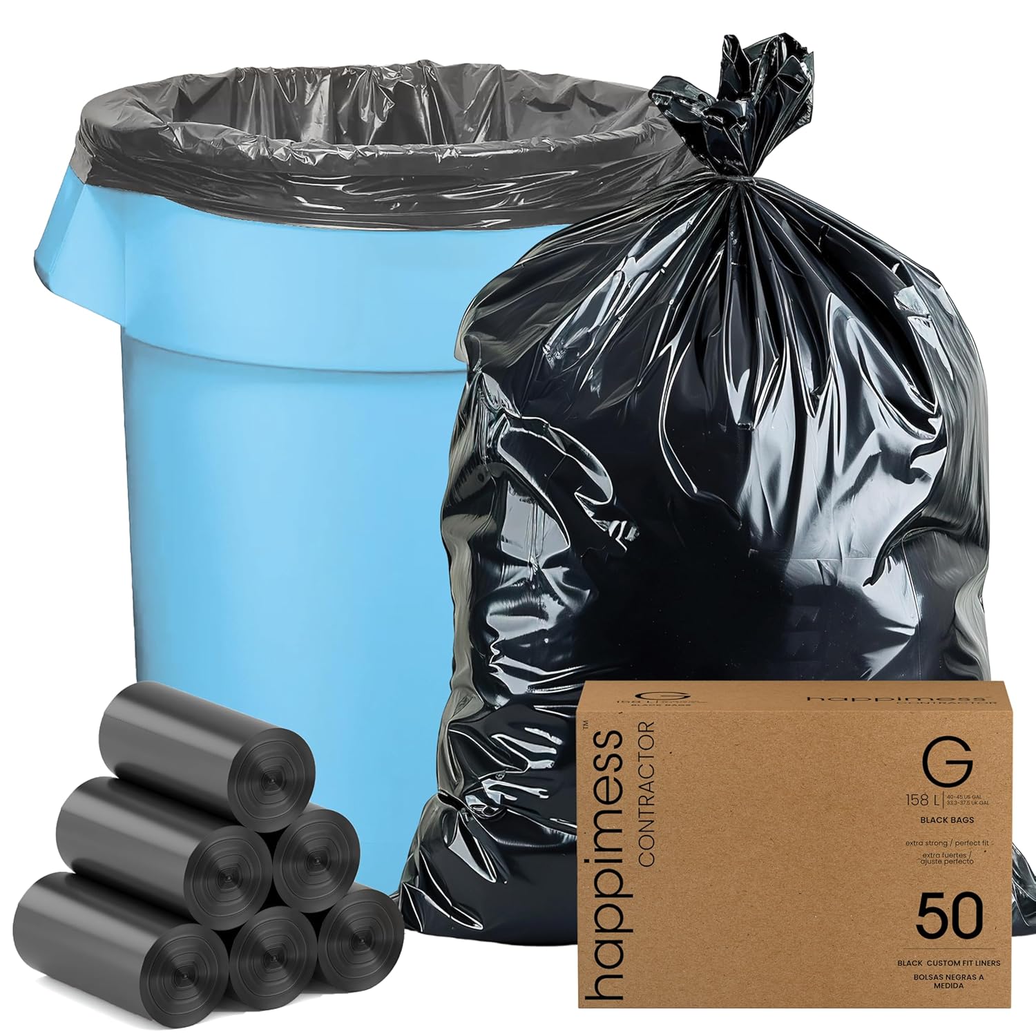 happimess HPM3000G-BLACK 50 Count 42-Gallon 3 Mil 32 in. W x 47 in. H Heavy Duty Contractor Trash Bags for Business Home Kitchen Commercial and Industrial, (5-Rolls of 10 Bags)