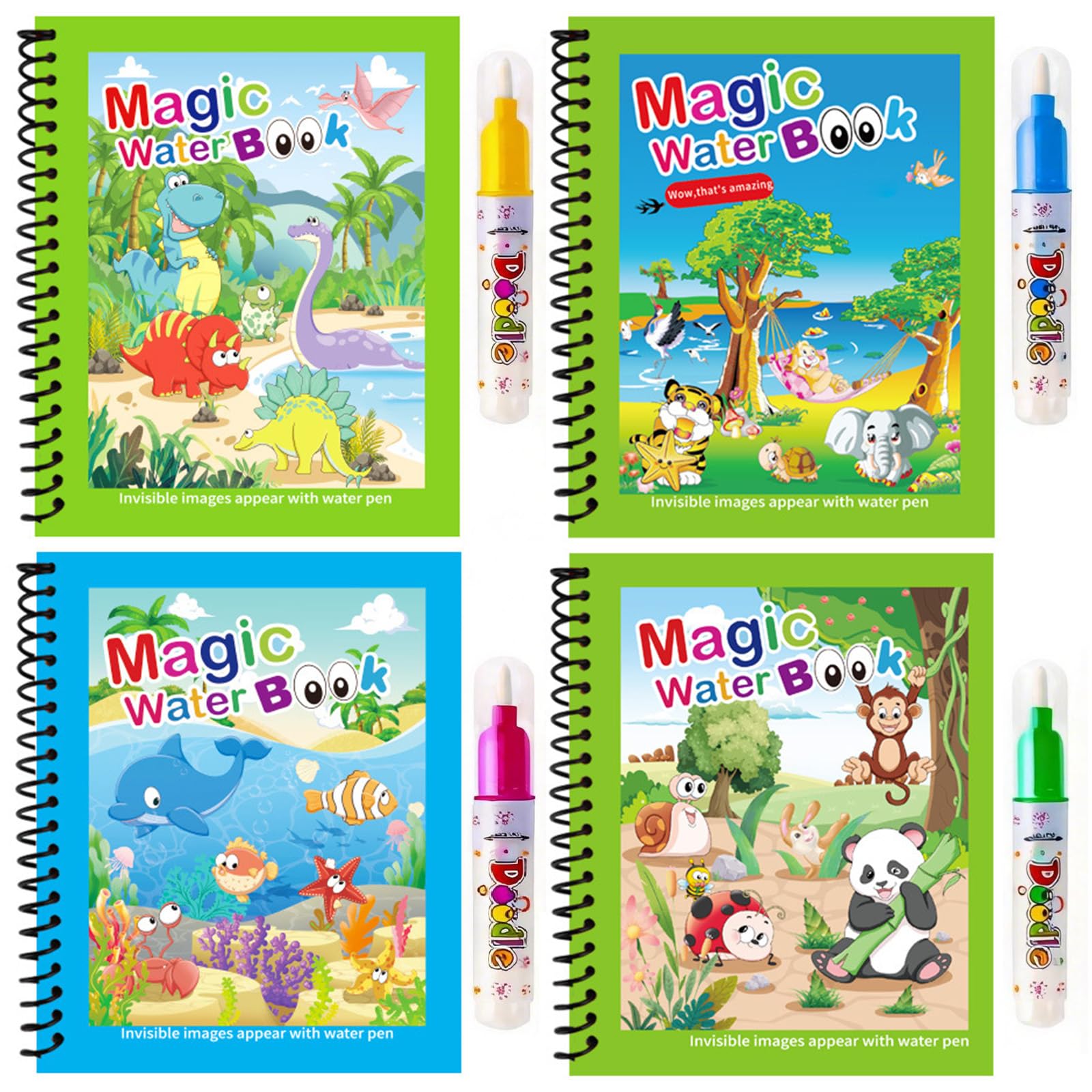 PORUPAEL 4 Pack Magic Water Colouring Books for Kids - Reusable Water Painting Books with 4 Pens, Four Different Themed Mess-Free Educational Art Activity Gift for Toddlers Ages 2-6