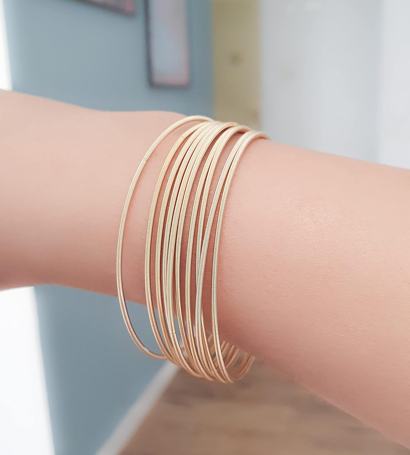 Guitar String Spring Stainless Steel Set of 10 Bracelets Gold Color Thin Stackable Layered Flexible Length 7 Inch