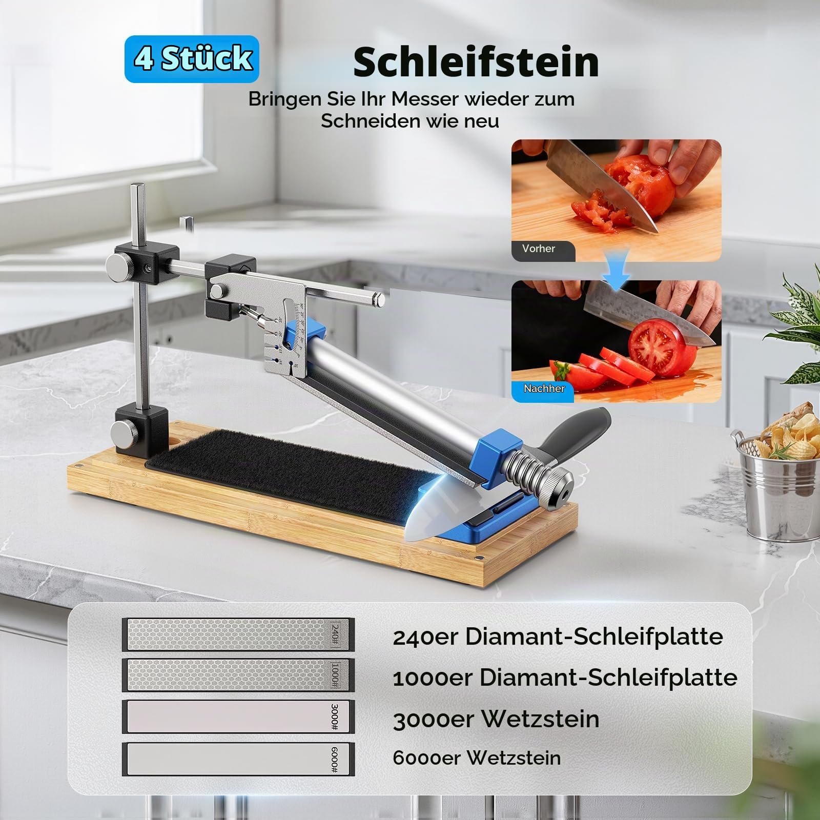 Manuelles Messerschärfer-Set mit Winkelführung – Professionelles Set mit 4 Schleifsteinen für alle Küchen- und Outdoormesser, Rutschfester Holzsockel (SJ5424M)