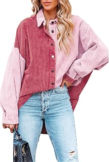 Silunma2021 Women's Loose Button Down Casual Shirts Corduroy Plus Size Long Sleeves Shirts Colour Matching Work Blouse Top