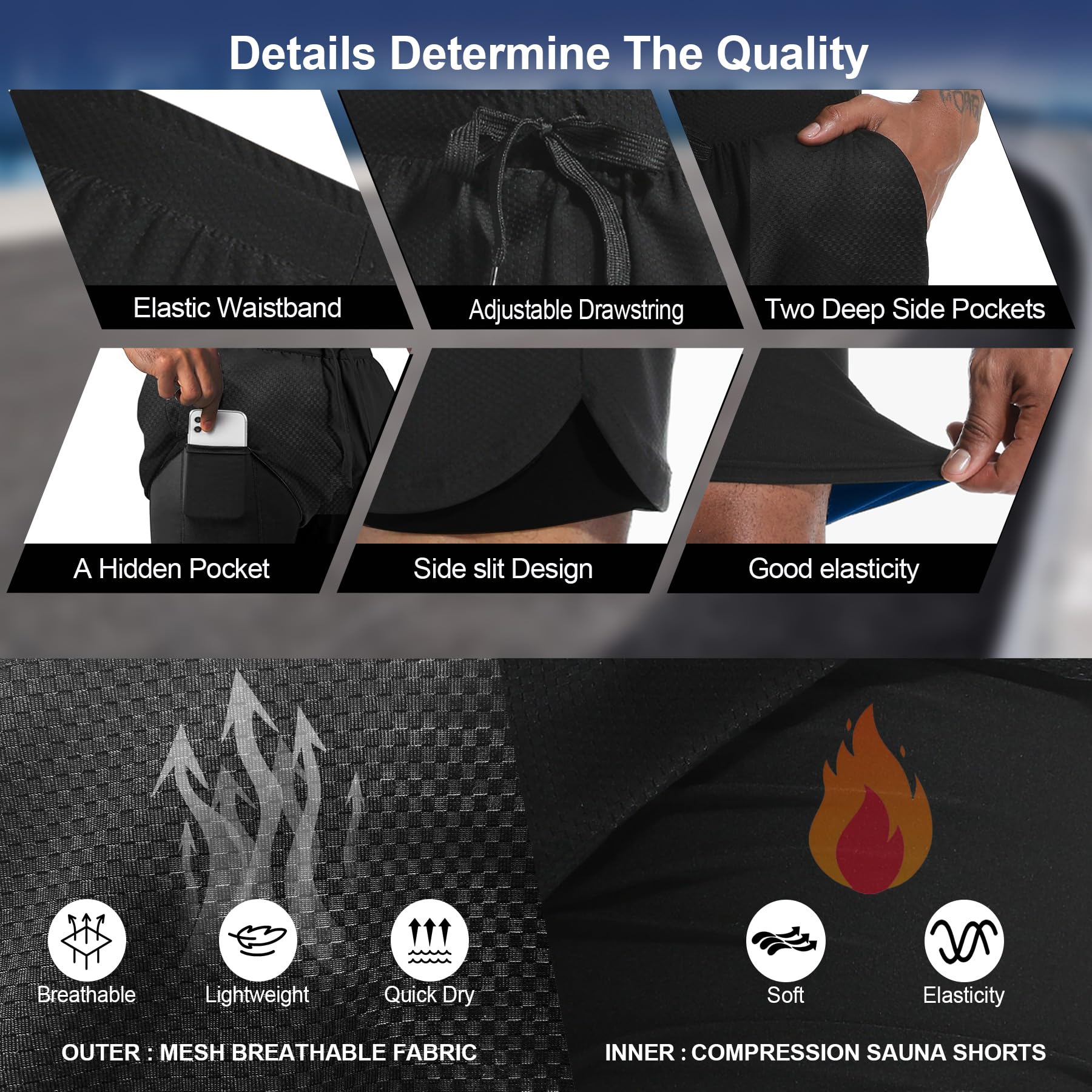Pantaloncini da sauna da uomo 2 in 1 pantaloncini da sauna da uomo con fodera a compressione pantaloni da allenamento atletici con tasche