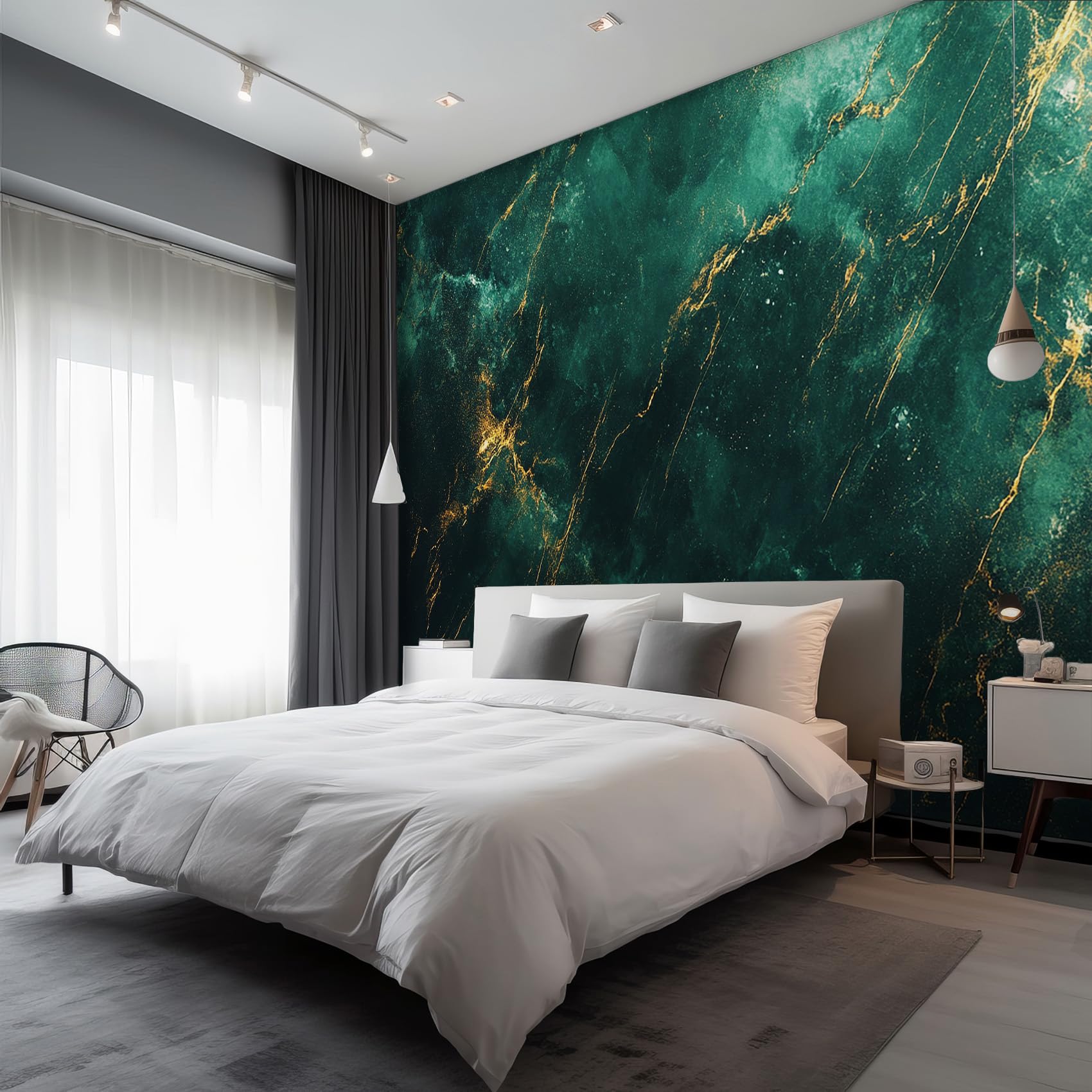 Emerald Green Marble Peel and Stick Wallpaper, Abstract Swirl Art Wall Mural, Ornate Granite Wall Decor for Living Room, Bedroom, TV Background, Self