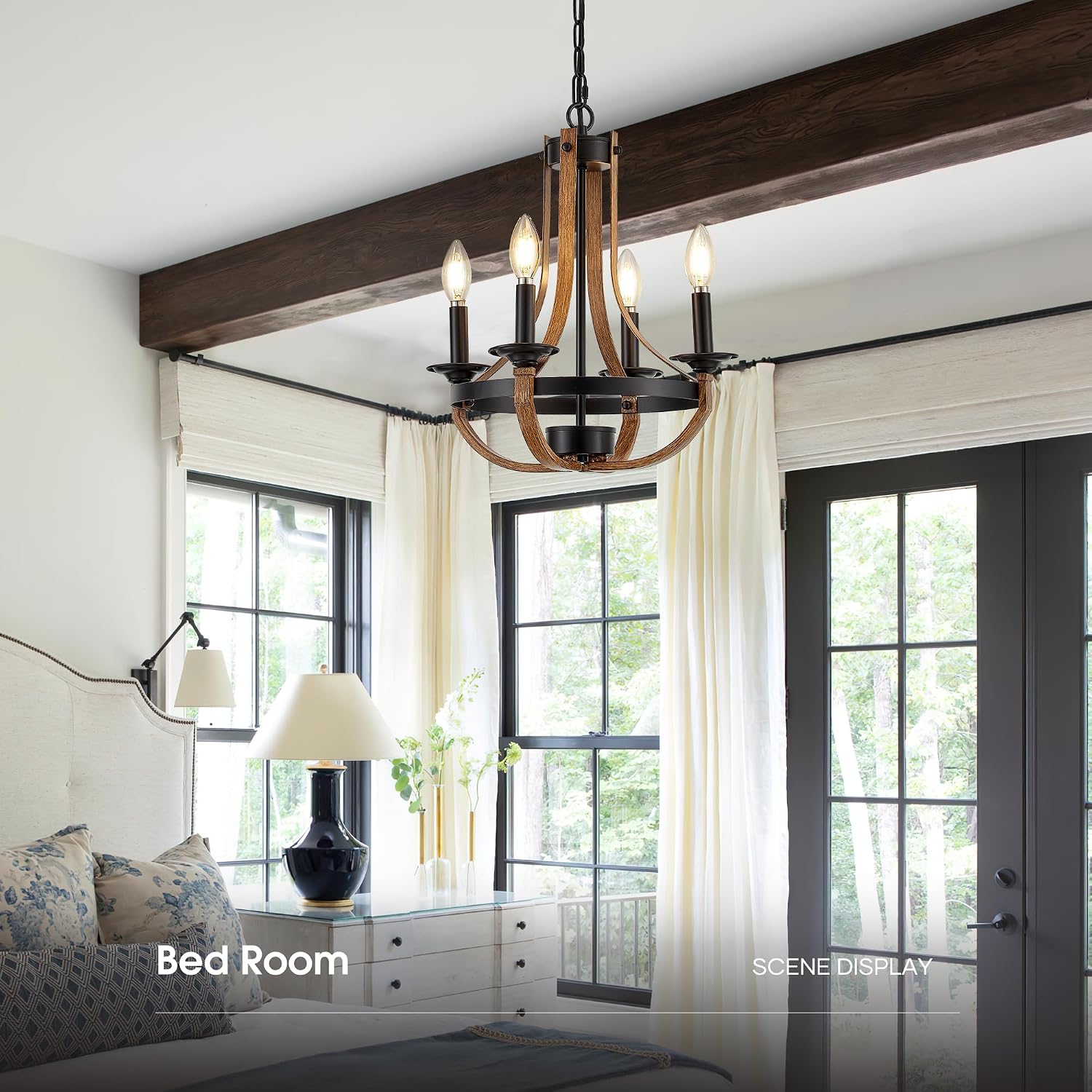 Farmhouse Chandeliers for Dining Room, 4-Light 15 inch Rustic Candle Ceiling Light Fixture, Faux Wood Texture Chandelier for Hallway Foyer Entryway Kitchen Island Bedroom