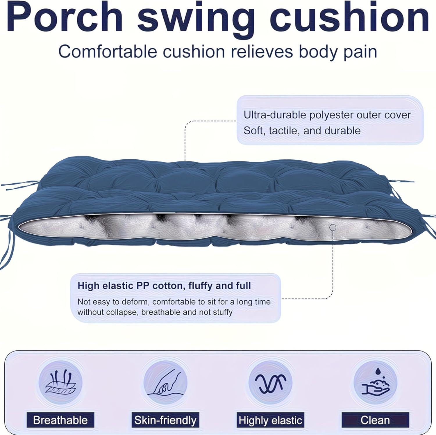 Porch Swing Cushions 3 Seater Replacement with Backrest, 60 inch Waterproof Outdoor Swing Cushion for 2-3 Seat, Thickened Universal Bench with Non-Slip Ties for Patio, Garden (navy blue, 60x40inche)