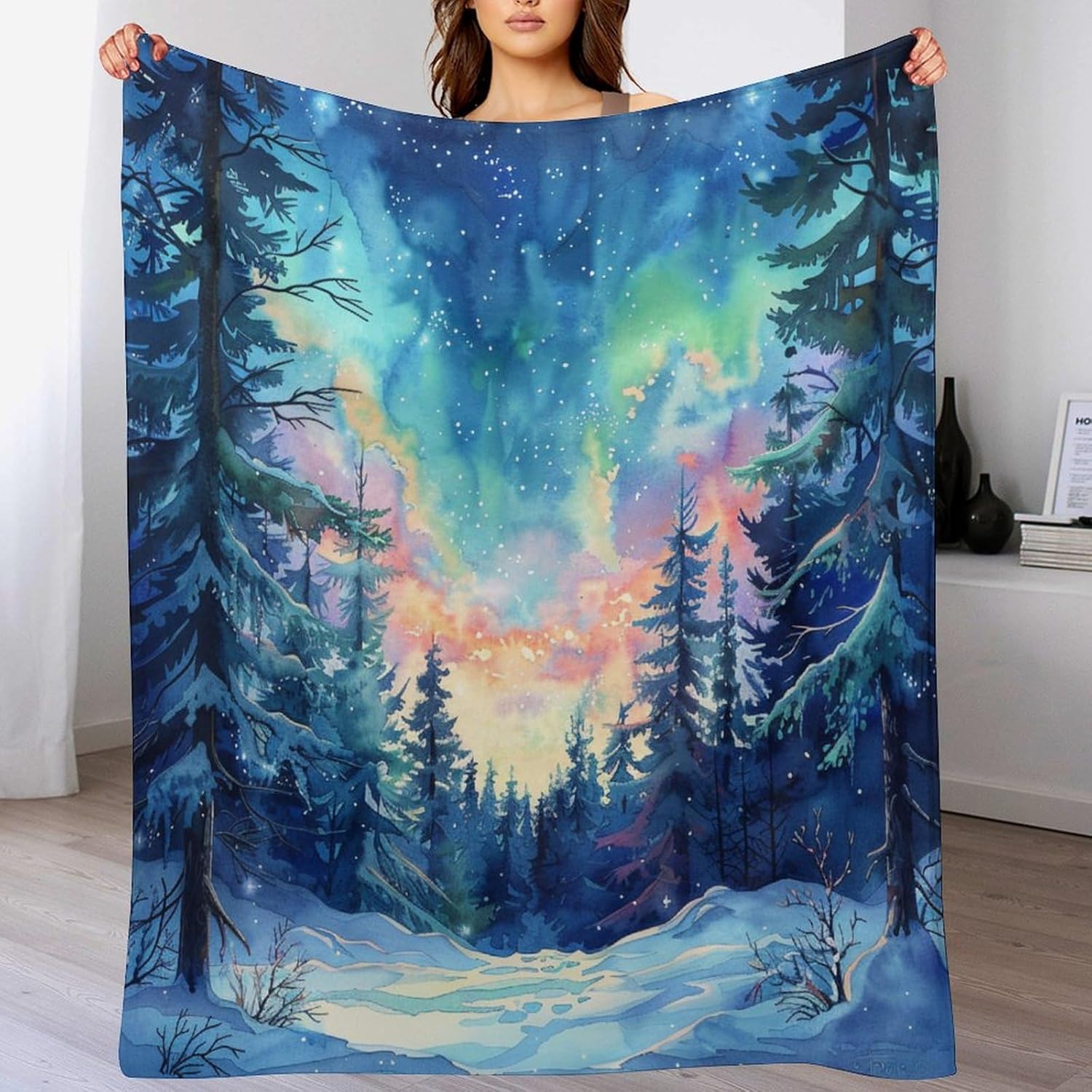 Pine Tree Flannel Throw Blanket, Soft Cozy Warm Fleece Neon Northern Lights Forest Snowy Blanket for Couch Sofa Bed, 50x60 Inch