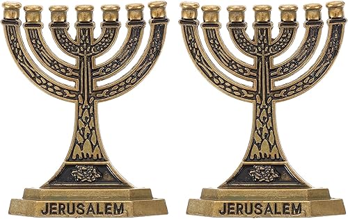 Portavelas de 7 ramas, 2 piezas de latón antiguo templo menorá adorno de escritorio Tierra Santa para mesa religiosa, decoración de centro de mesa
