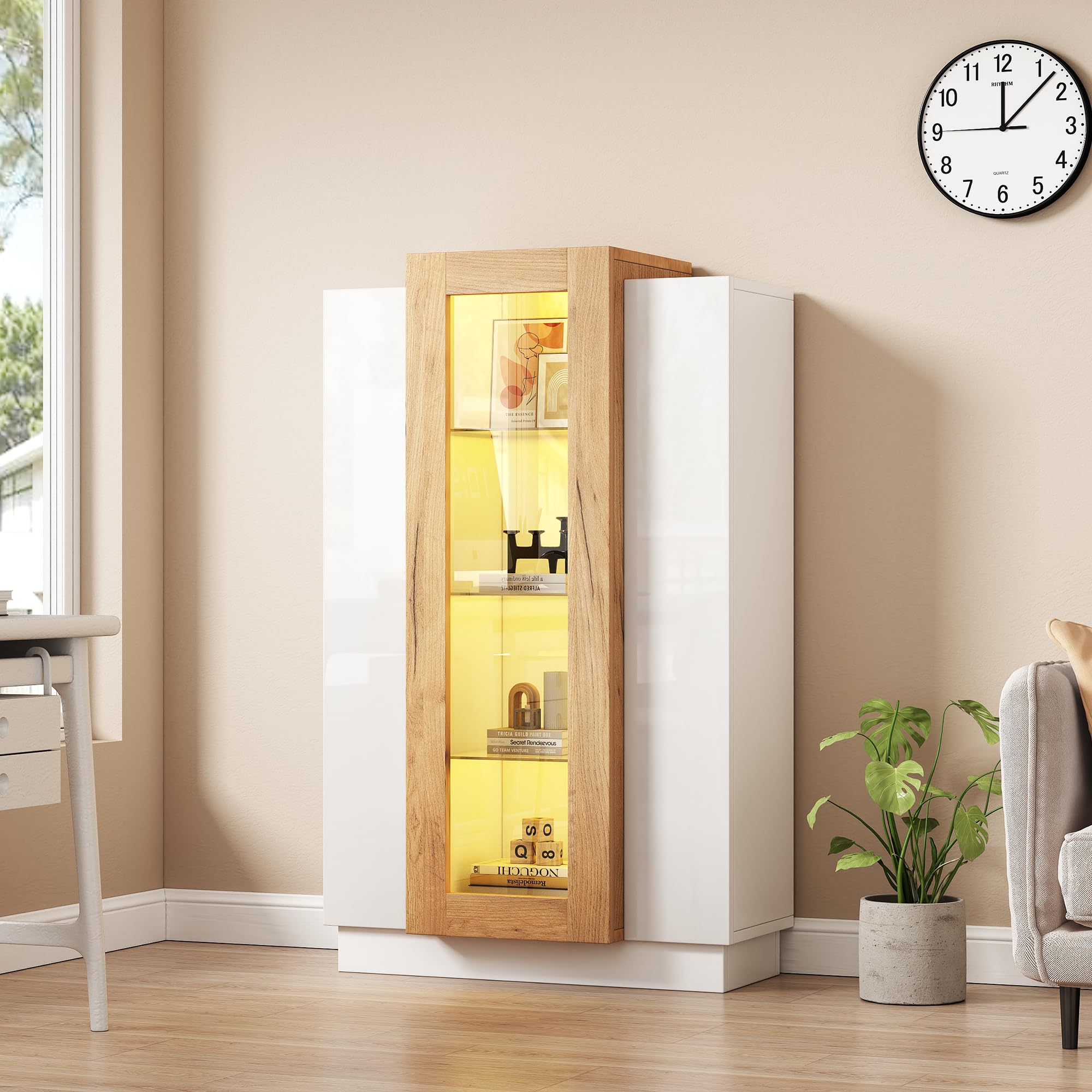 74 x 40 x 120 cm, armario de salón con 3 puertas, puertas transparentes, vitrina brillante con LED, estantería con estantes de cristal y cajón, vitrina de pie con una altura de 120 cm