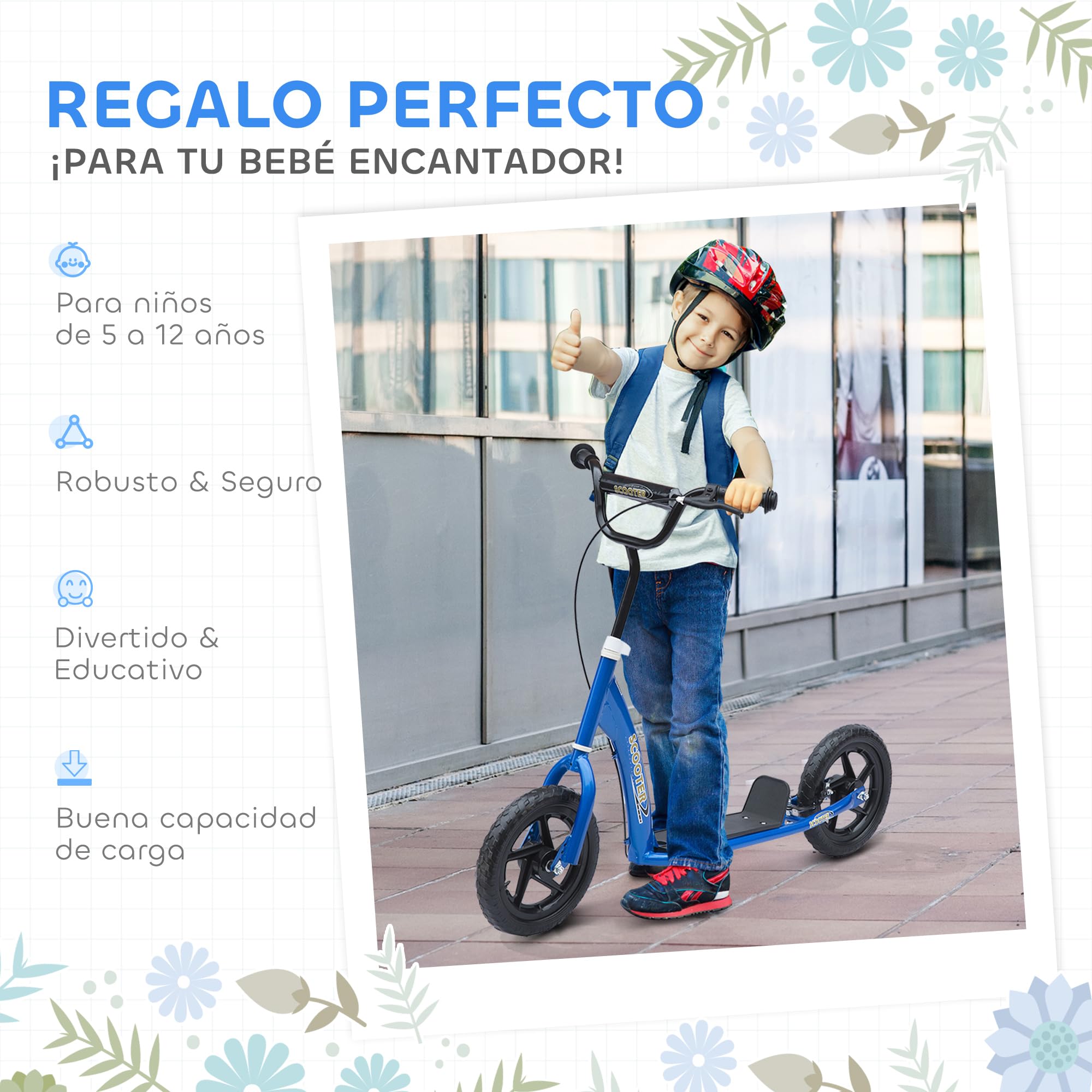 HOMCOM Patinete Scooter 2 Ruedas 12 Pulgadas Monopatín para Niños y Adultos Manillar Ajustable con Freno y Caballete Carga 100kg 120x52x80-88cm Acero