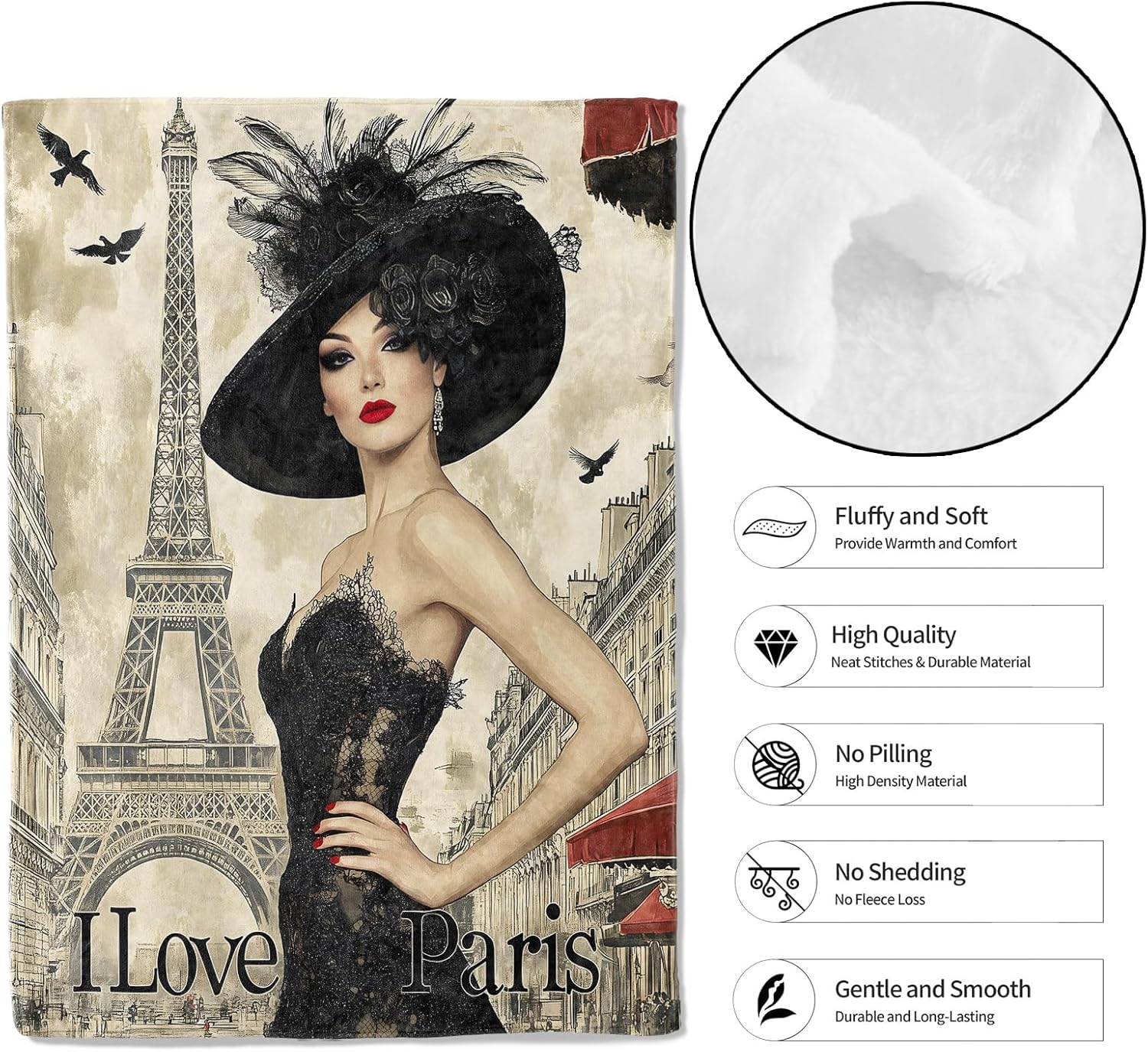 Parisian Elegance Throw Blanket,60x80in,Soft,Lightweight Flannel, Paris Lady Eiffel Tower Vintage French Blankets - Gifts for Kids Women Girls,for Couch Office Travel,Home Living Room Decor