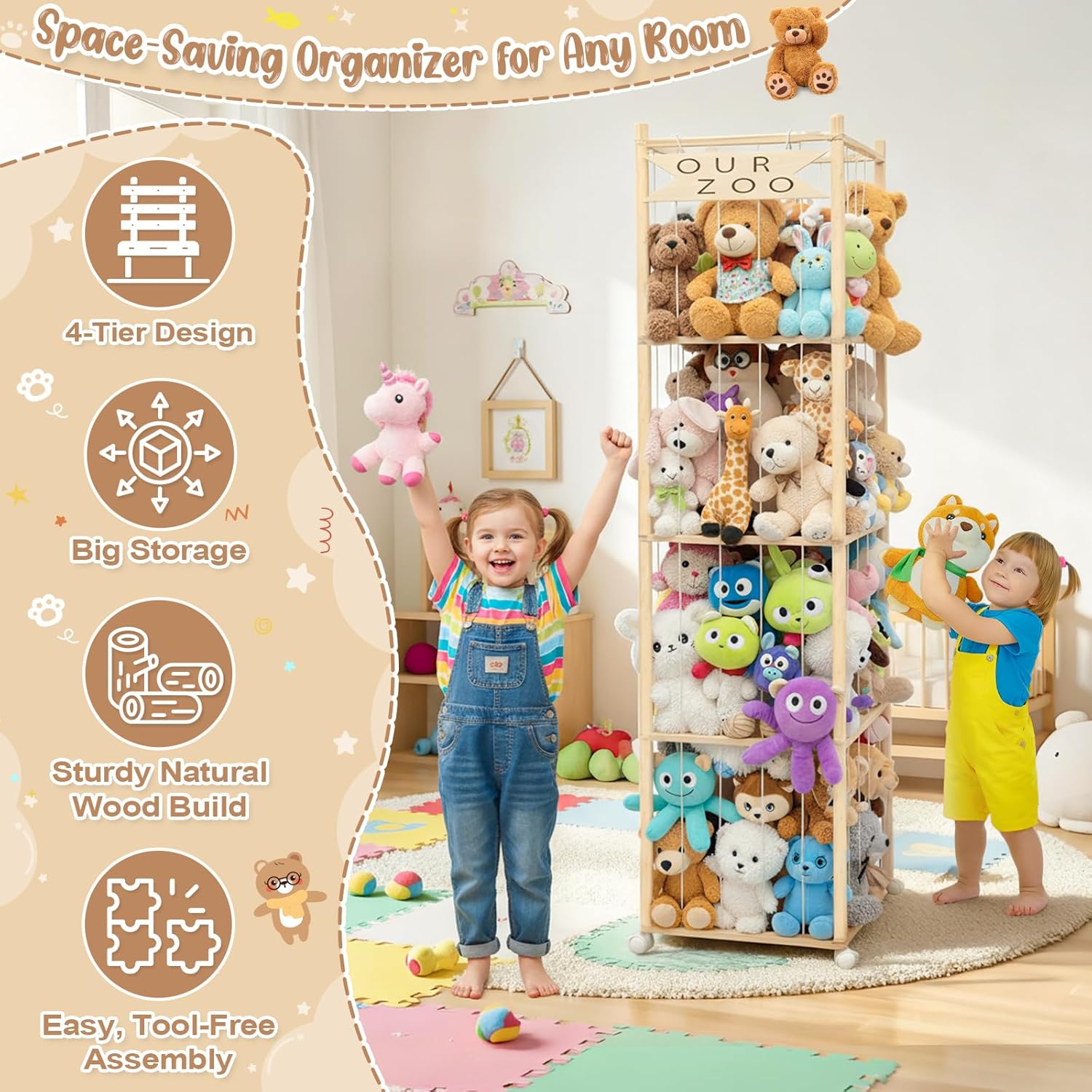 OurWarm Stuffed Animal Storage & Organizer, 68.5 Inch Large Wooden Zoo Stuffed Animal Holder with Wheels, Kids Toy Storage Organizer for Nursery Storage, Toddler Rooms, Playrooms, Bedroom Organization - Image 6