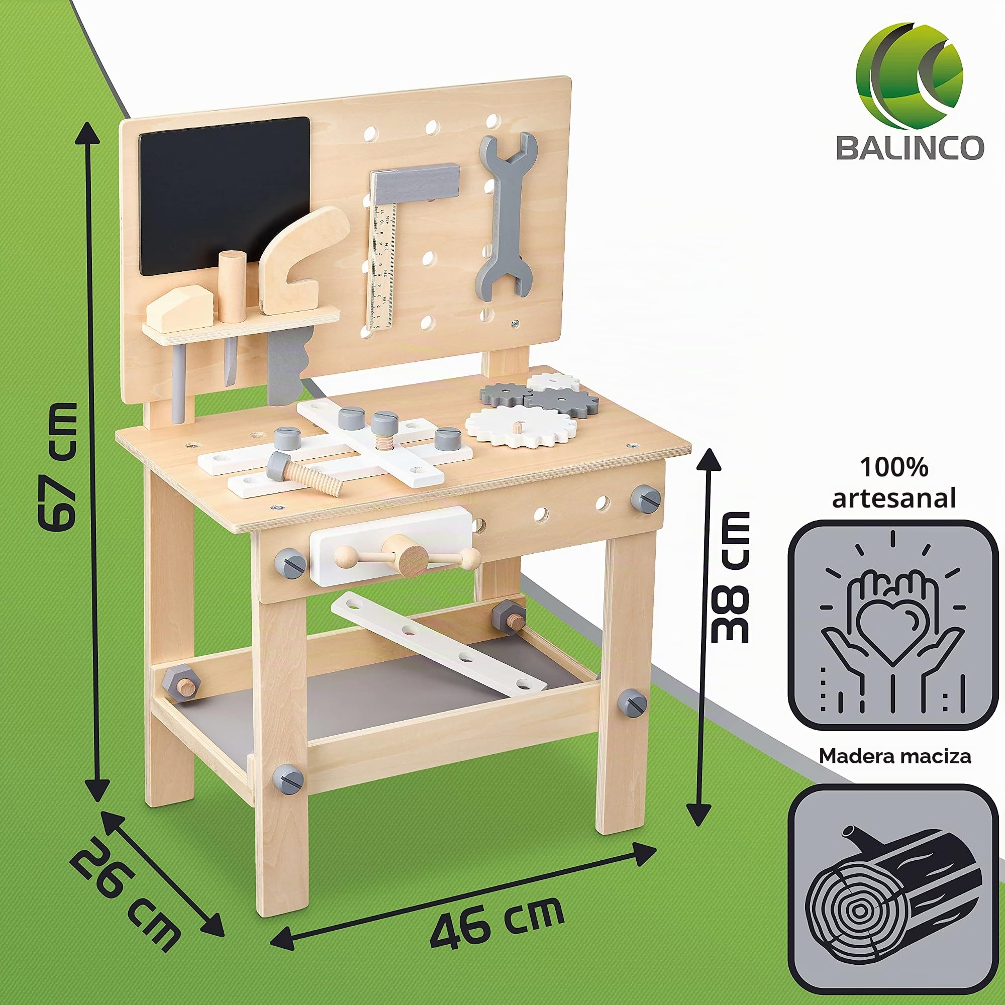 Balinco Workbench Children Wood, Taller con Herramientas Infantiles, Sierra, escuadra, Destornillador, Ruedas dentadas, Tornillo de Banco, Tablero, Accesorios, Juguetes de Madera a Partir de 3 años