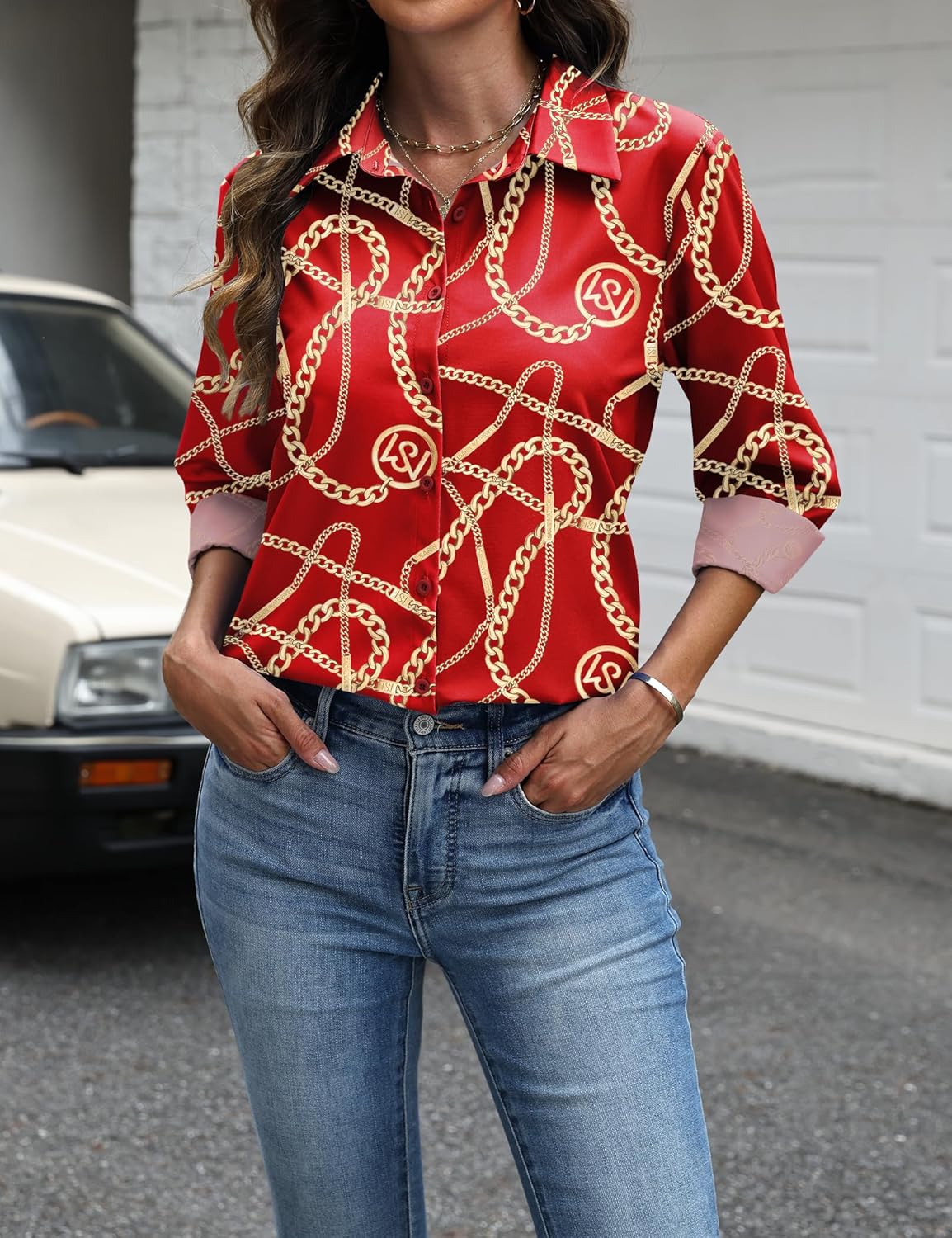 Sarin Mathews Button Down Shirts for Women Dressy Casual Long Sleeve Blouses Printed Collared Business Work Tops - Image 5