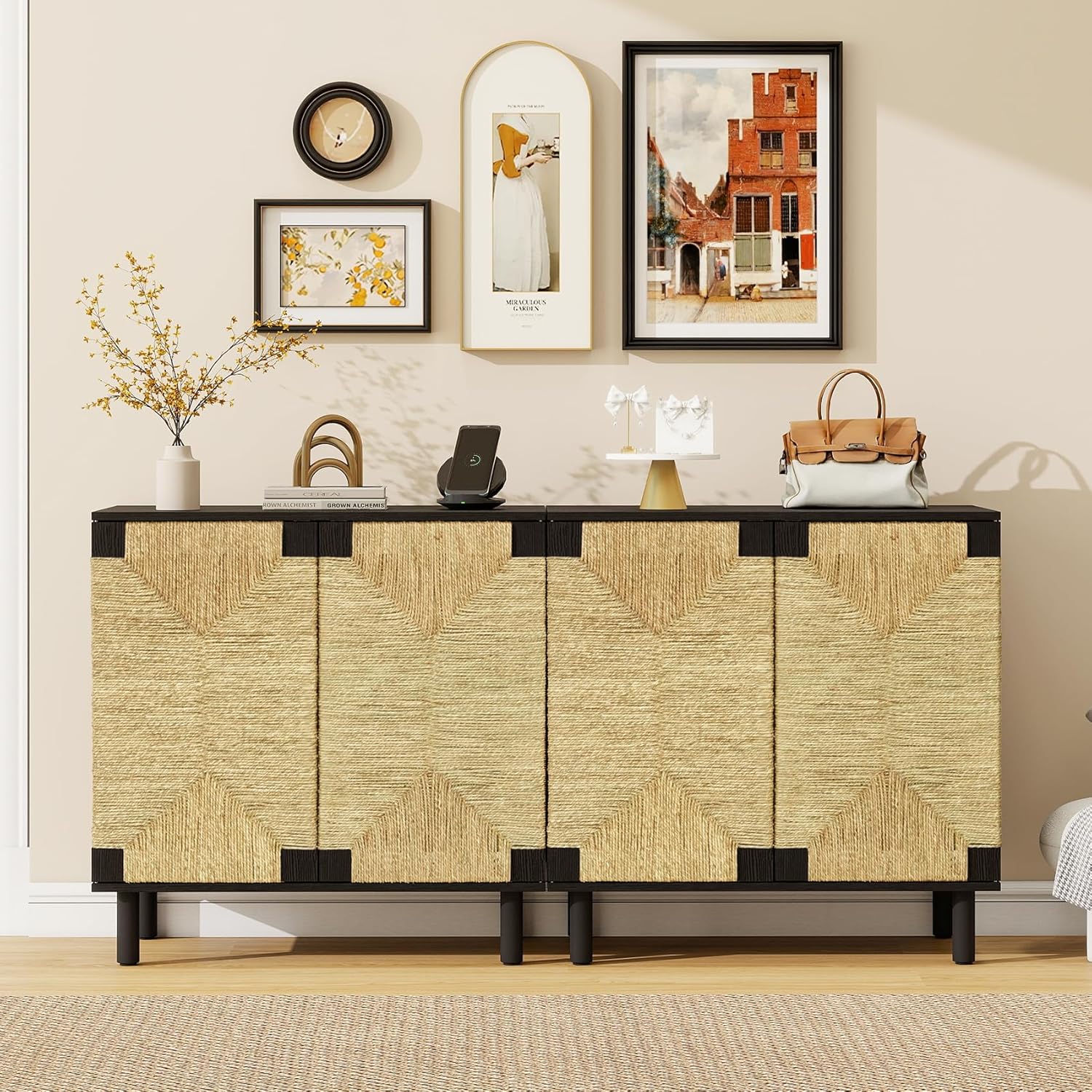 Black Sideboard Buffet Cabinet with Storage, Boho Accent Cabinet with Seagrass Doors & Adjustable Shelf, Mid-Century Modern Storage Credenza for Living Room, Kitchen, Entryway, 2 PC