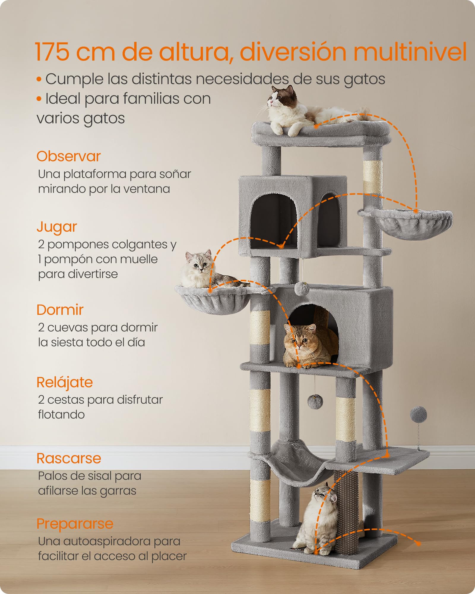 Feandrea Árbol Grande para Gatos, Torre para Arañar de 175 cm, Multinivel con Cuevas, Cestas, Rascadores, Gris Paloma