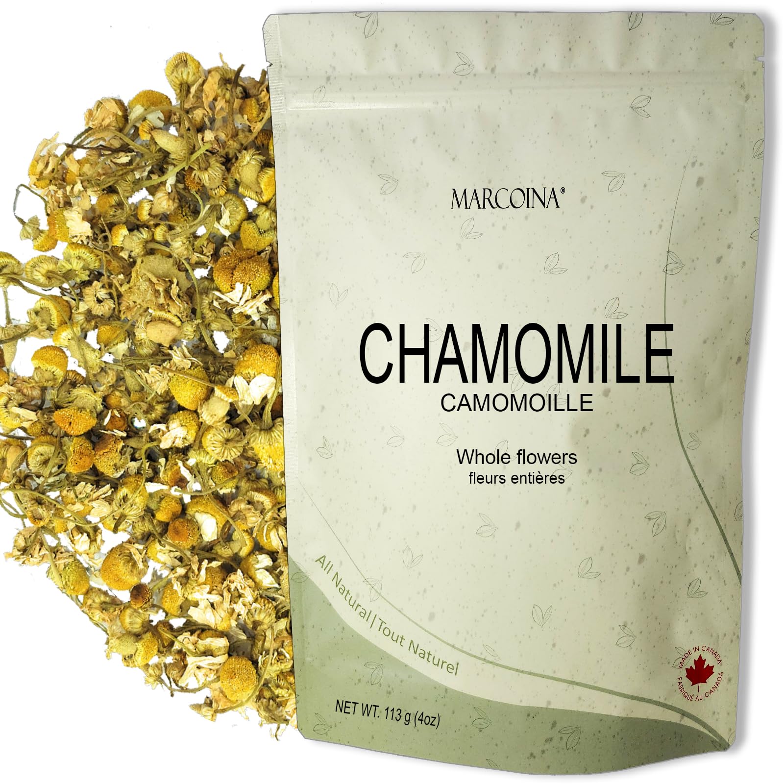 MARCOINA - Pure Chamomile Herbal Tea 113g - Whole Flowers, Loose, Caffeine-Free, Resealable Bag (4oz)