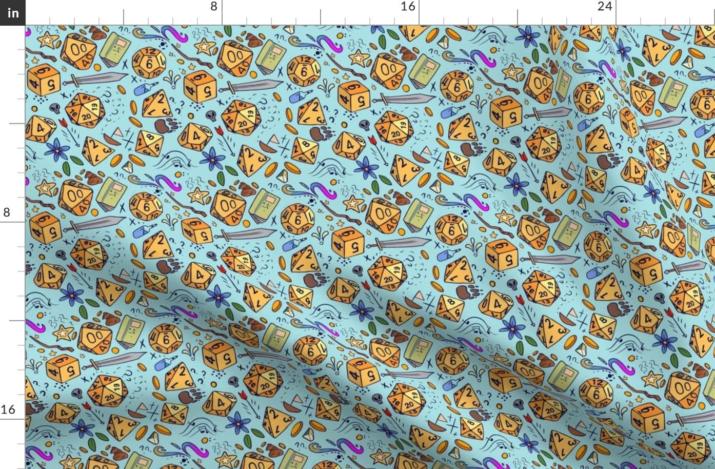 Spoonflower Fabric - Dice Fantasy Blue Yellow Sorcery Illustration Nerd Sword Games Dragons Printed on Organic Cotton Sateen Fabric by The Yard - Sewing Quilting Apparel Home Decor