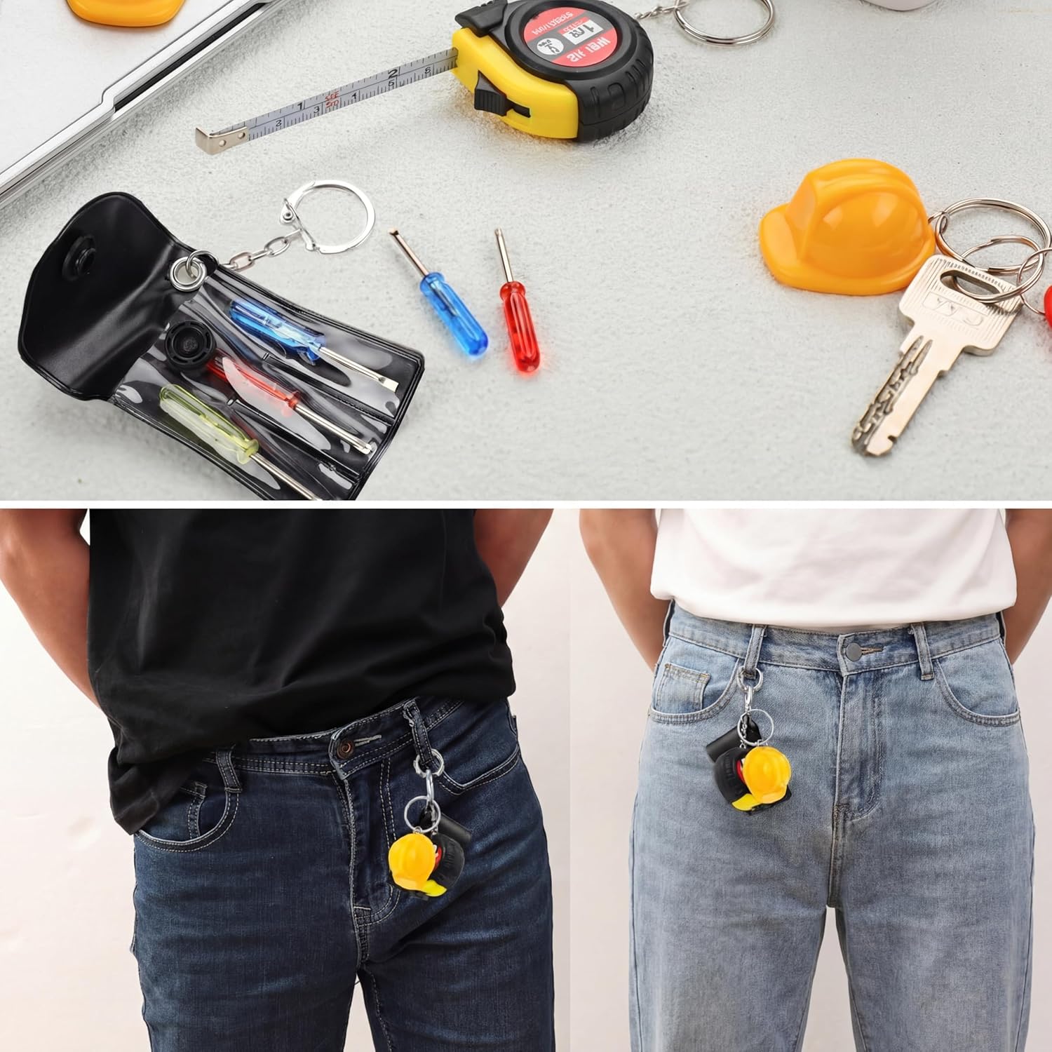 Jutom 90 Pcs Mini Construction Helmet Keychains Tape Screwdrivers Tool Adult Men Gifts Bulk for Easter Egg Stuffers Father's Day Construction Party Favors Gifts