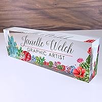 Vista 13 de Artblox - Placa de nombre personalizada para escritorio Diseño de flores de violetas sobre cristal acrílico transparente Placa de nombre