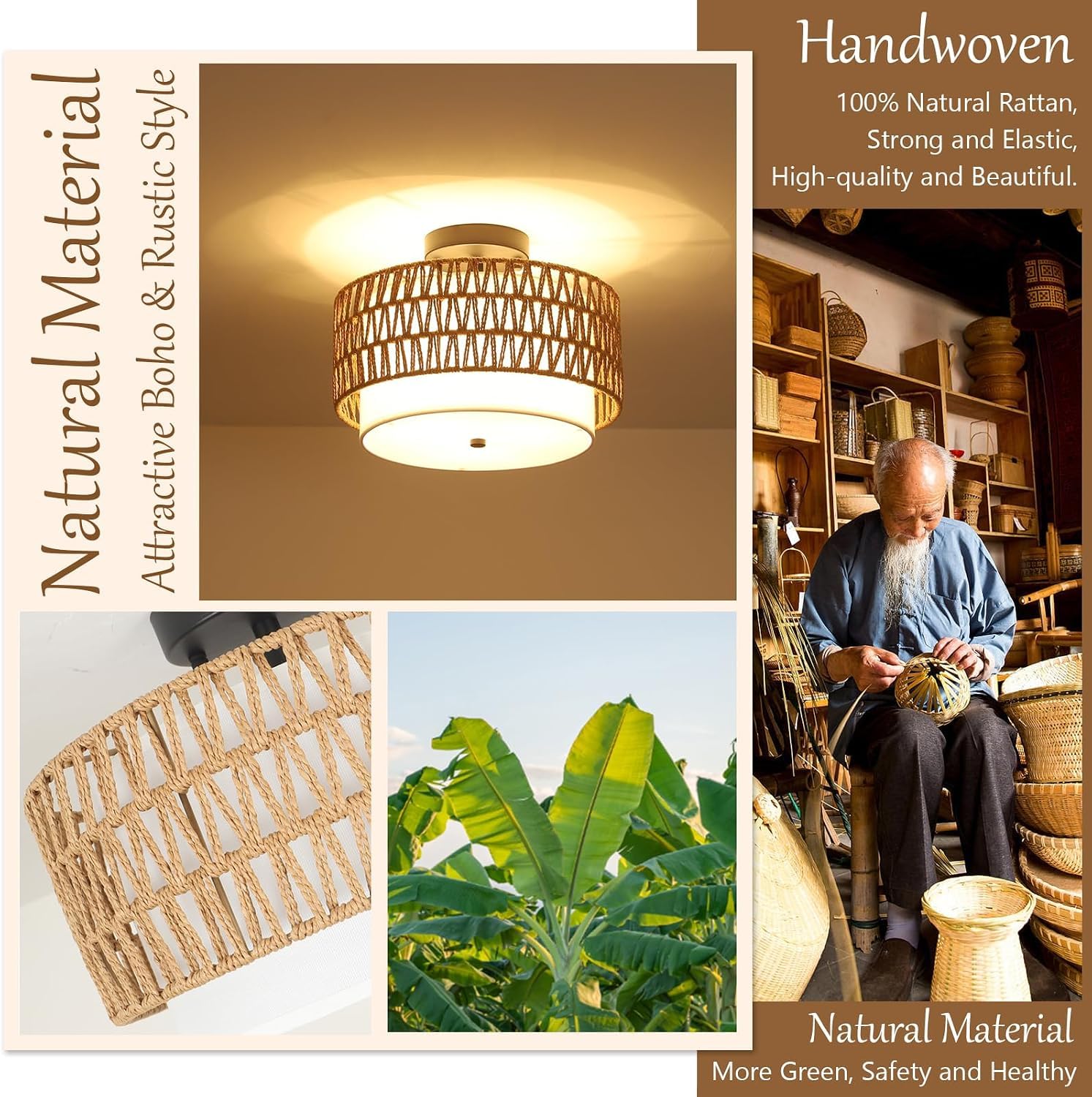 Rayofly Rattan Deckenlampe Wohnzimmer, Vintage Boho Deckenleuchte mit Leinen Lampenschirm, Semi-Flush Mount Deckenleuchte Bambus, Rustikal Hängelampe für Schlafzimmer Küche Flur Esstisch, Schwarz
