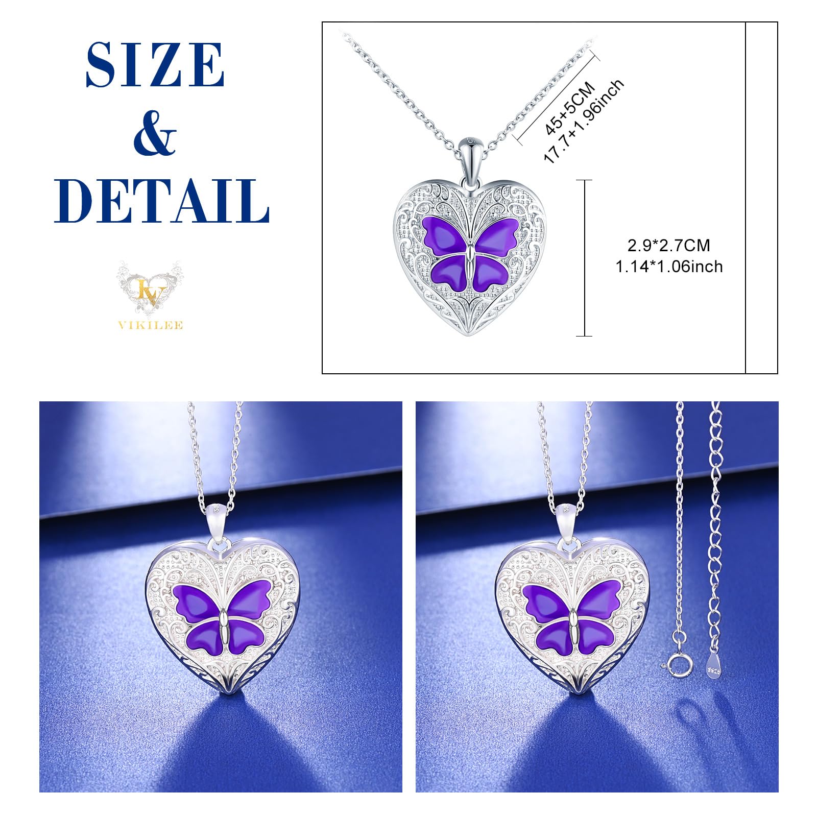 Herz Foto Kette Silber 925 mit Bild: Halskette Damen Schmetterling Medaillon zum Öffnen für Bilder-Tiere Anhänger Ketten Mode Amulett Schmuck-Personalisierte Geschenk für Frauen Mama Freundin Mädchen