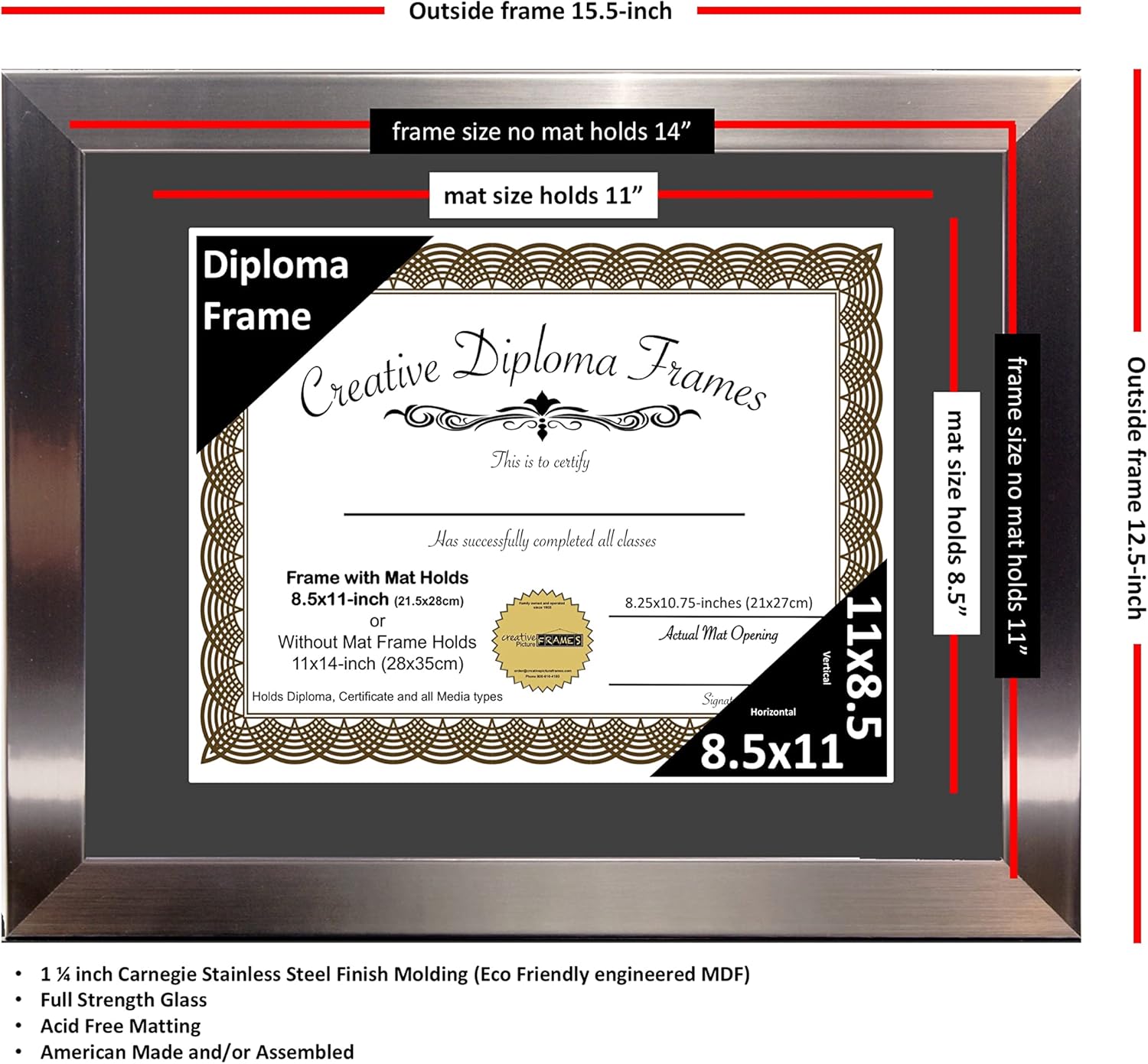 Creative Picture Frames 11” x 14” Stainless Steel Finish Diploma Frame with Black Mat to Hold 8.5 by 11-inch Graduation Documents w/Stand and Wall Hanger