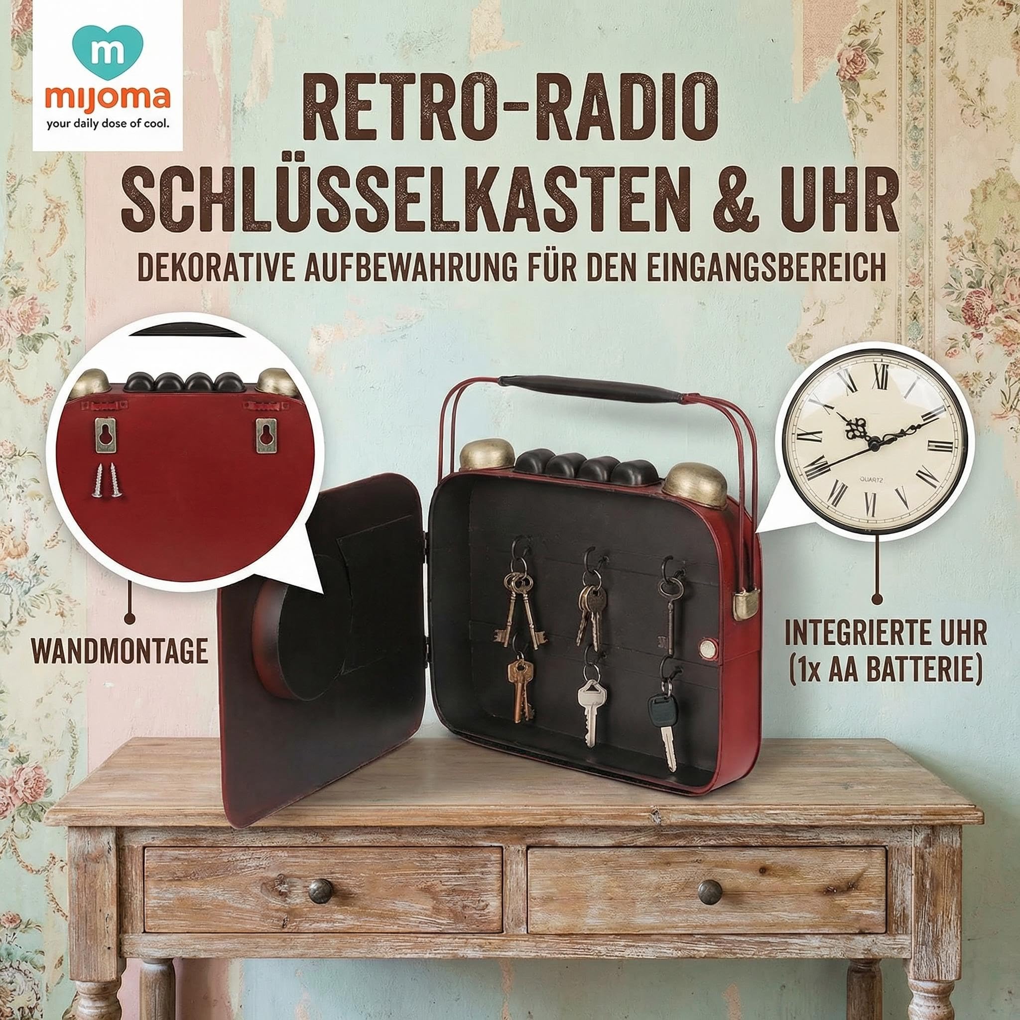 MIJOMA Schlüsselkasten Retro-Radio mit Uhr 28x29x7 cm – Metall für Wandmontage – dekorative Aufbewahrung im Vintage Stil für Flur Eingangsbereich