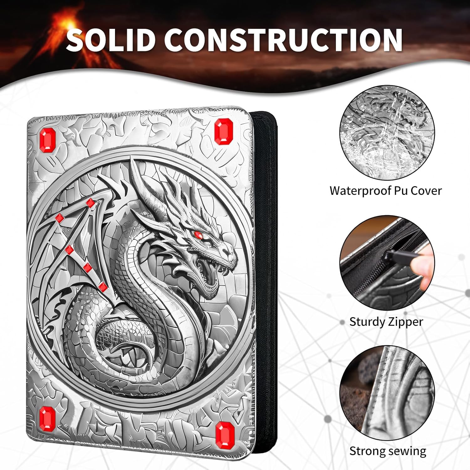 Trading Card Binder 9 Pocket, 360 Cards Holder, 3D Embossed Premium PU Card Collection Binder, Card Album for MTG, TCG, Game, Sport Cards, Silver+Red Gemstone