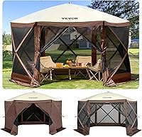 VEVOR 12x12ft 6-Sided Pop-Up Canopy Tent with Mesh Windows, Waterproof Screen Shelter for 8-Person Camping & Backyard Parties, Brown/Beige