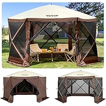 VEVOR 12 * 12ft 6 Sided Pop-up Canopy Shelter Tent with Mesh Windows, Portable Carry Bag, Stakes, Large Shade Tents for Outdoor Camping, Lawn and Backyard, Brown/Beige