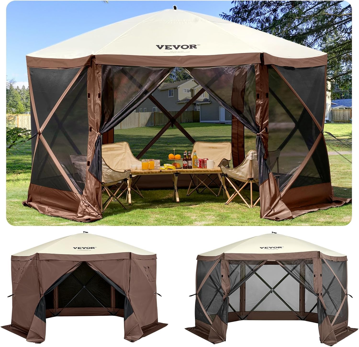 VEVOR Camping Gazebo Tent, 12'x12', 6 Sided Pop-up Canopy Screen Tent for 8 Person Camping, IPX3 Water-Resistant Screen Shelter w/Portable Storage Bag, Ground Stakes, Mesh Windows, Brown & Beige