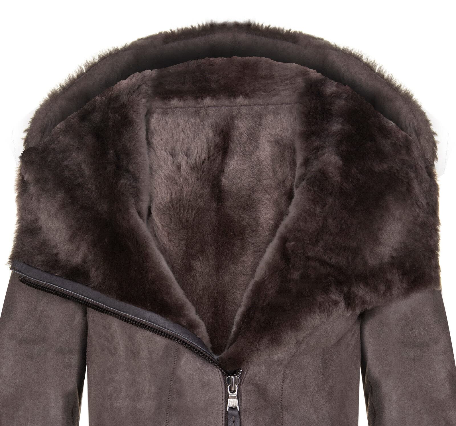 Infinity Leather Damen Mantel aus Shearling-Schaffell Merino Veloursleder mit Kapuze