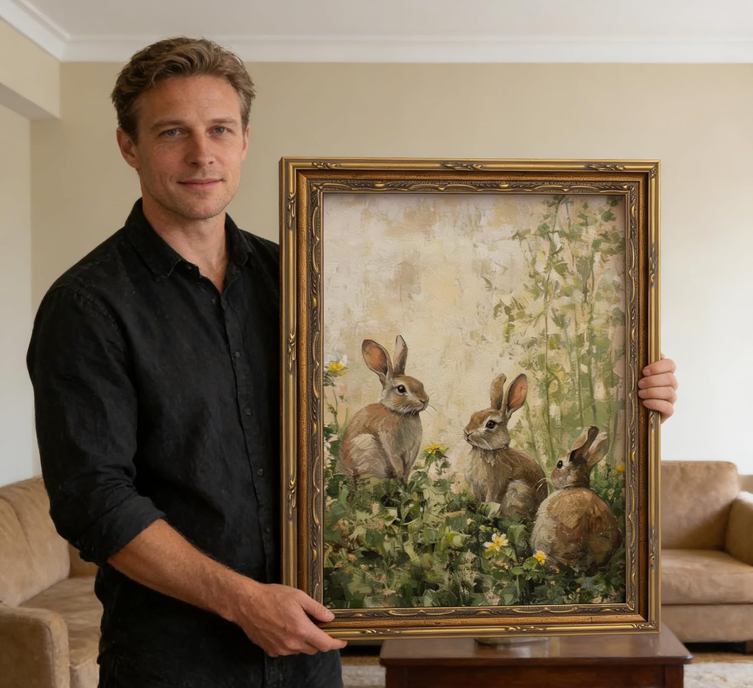 Vintage Gold Framed Canvas Wall Art Easter Rabbit Painting Picture Wall Decor Rustic Farmhouse Bunny animal Poster Print Artwork for Nursery Living room Bedroom Room Home Decoration