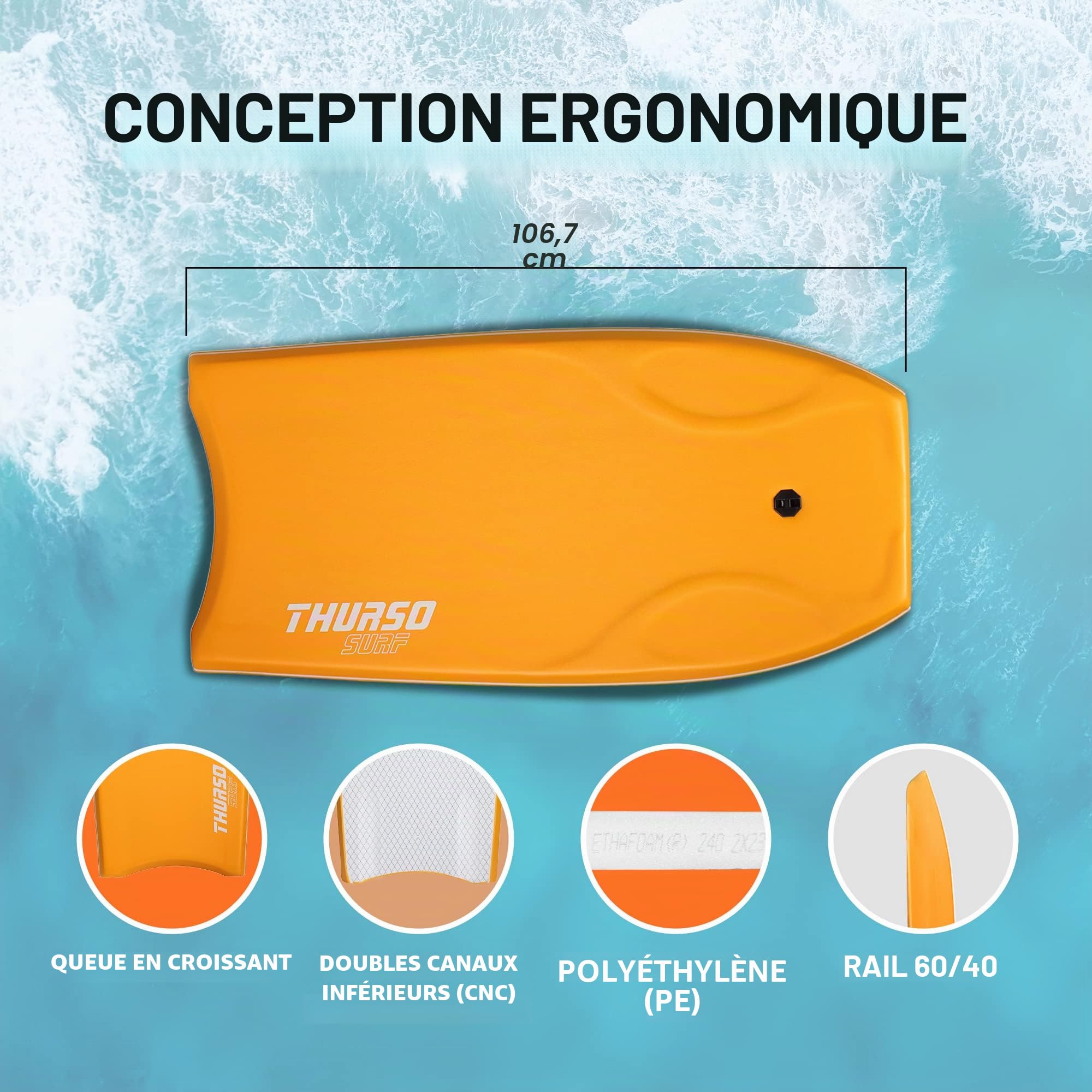 Thurso Surf 106,7 cm léger Bodyboard Comprend Pro double pivotant Bodyboard Laisse et Lux Bodyboard Sac. EPO Core en polyéthylène à haute densité Slick en bas, du pont de Ixpe. Azure et Sky, mandarine