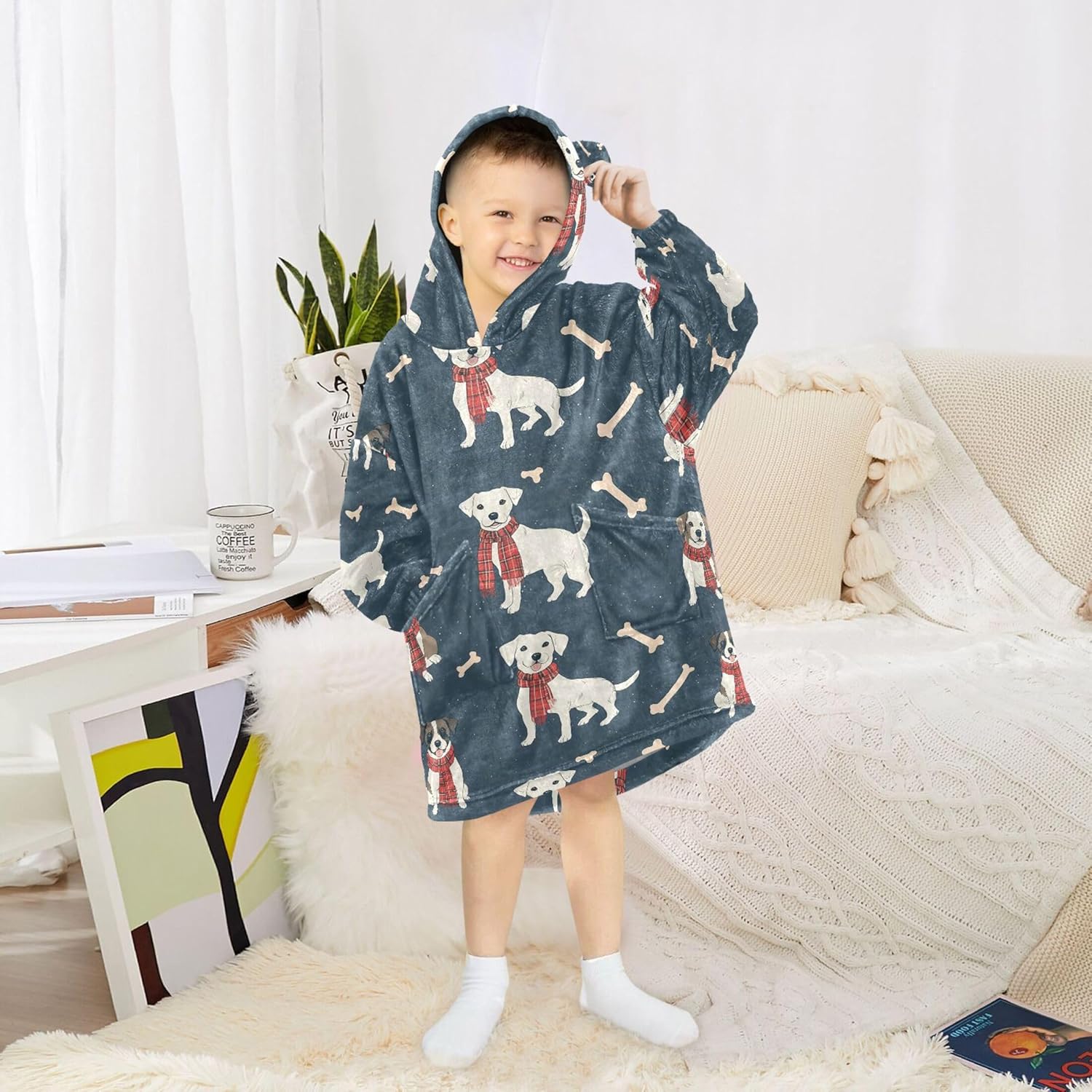 Cute Dog Puppy Pug Kids Wearable Blanket Hoodie with Pocket and Sleeves for Toddlers, Cute Hoodies Girls B0404108