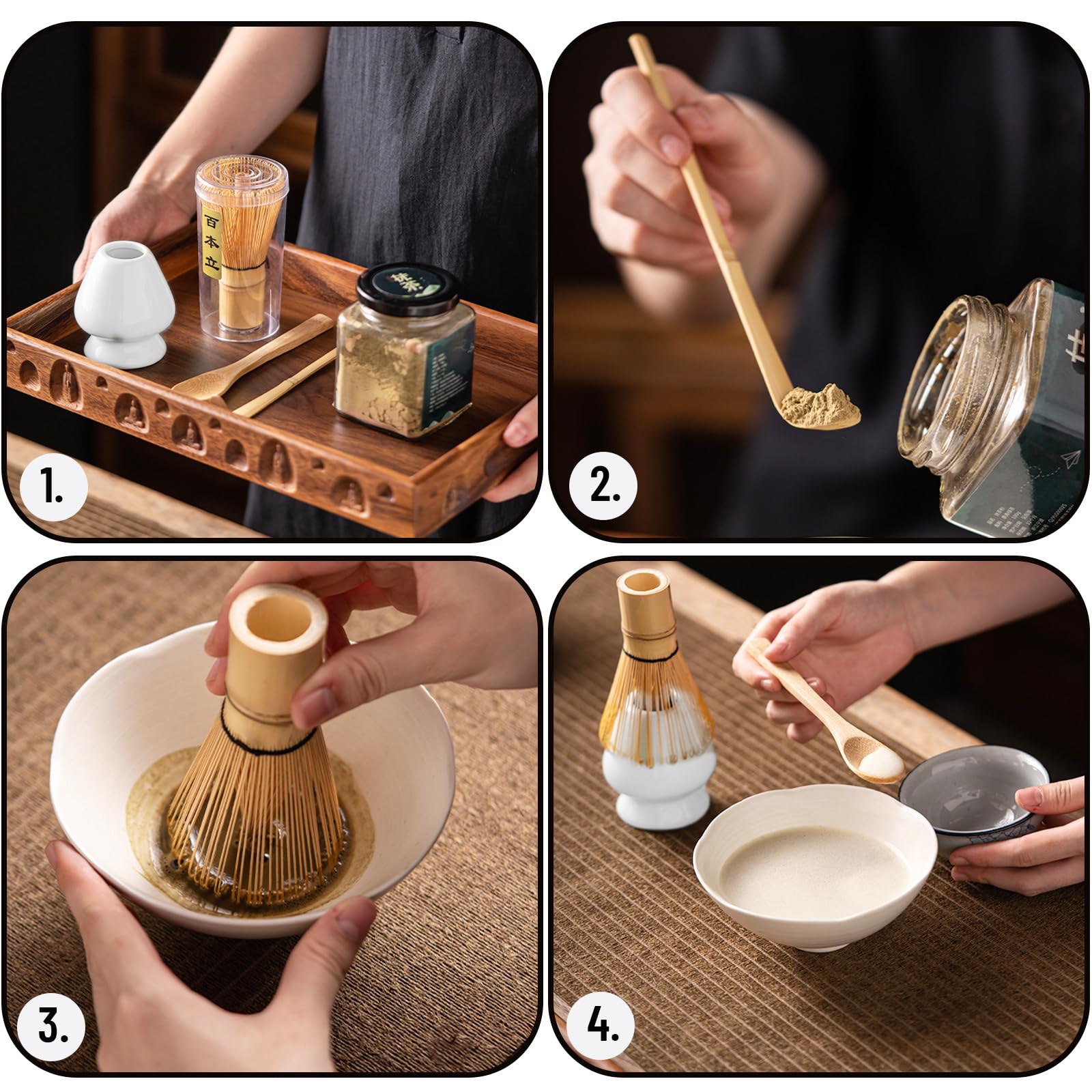 ANCLLO Service à Thé Matcha Japonais 5 Pièces - Fouet Bol Cuillère Support Et Boîte Bambou Pour Cérémonie Traditionnelle