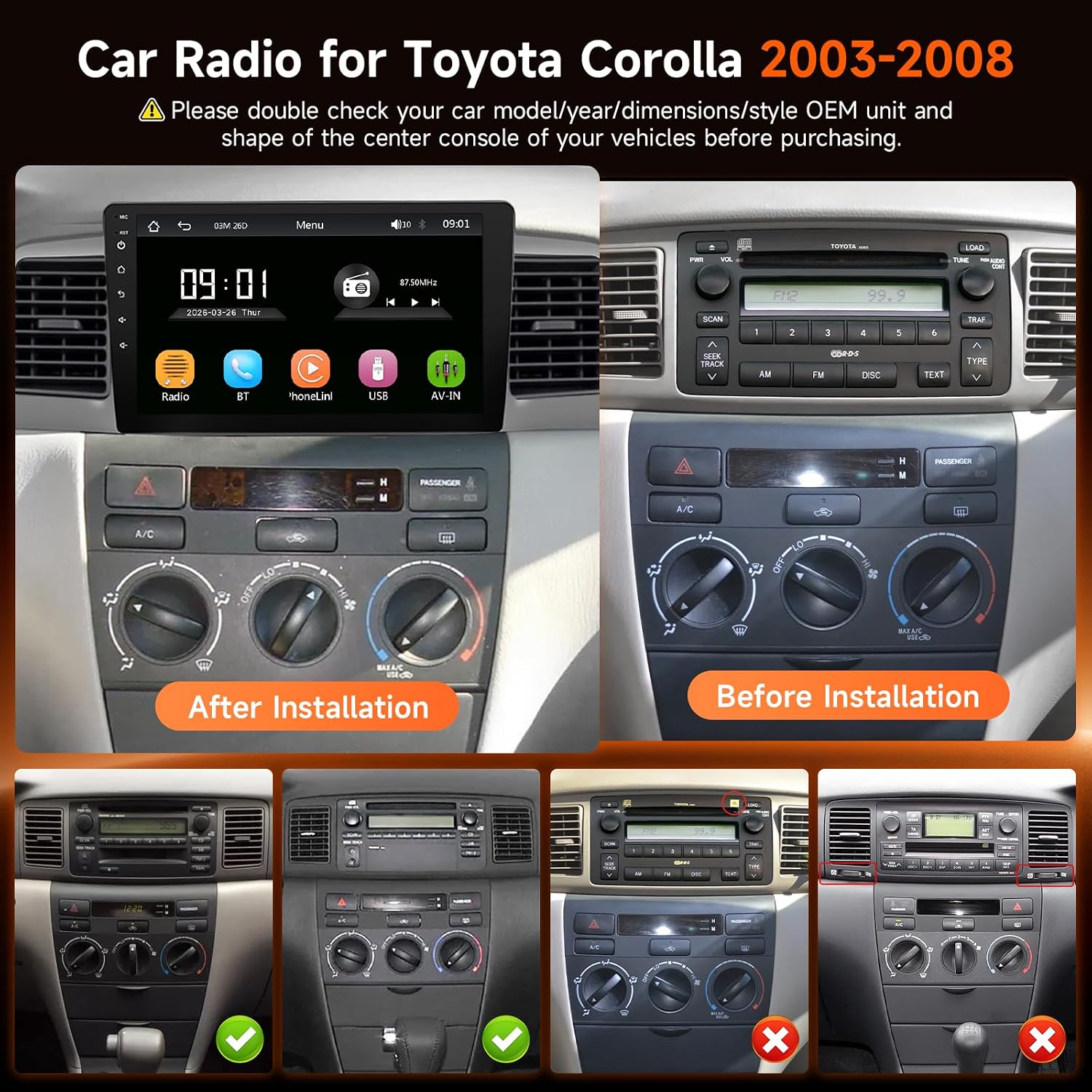 Upgrade Linux Radio for Toyota Corolla 2003-2008 (Non J.B.L) Fast Boot Stereo for Corolla Screen 9" IPS Touchscreen for Corolla Head Unit with Wireless Carplay Android Auto Bluetooth FM SWC