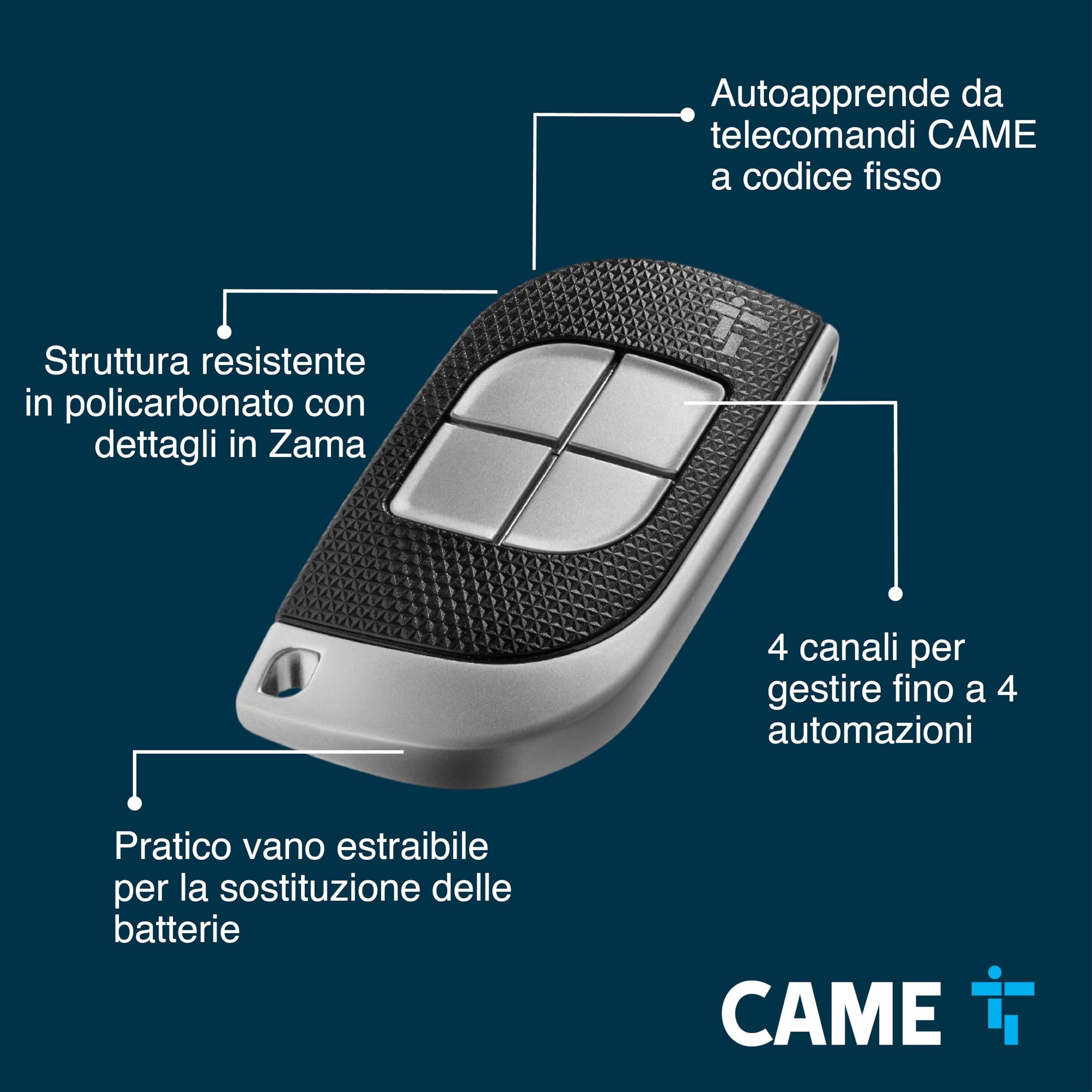 CAME Telecomando TTS dal design elegante quadricanale nero e grigio 4 pulsanti a codice fisso a 433,92 MHz con funzione di autoapprendimento, multiutenza, compatibile solo con modelli CAME